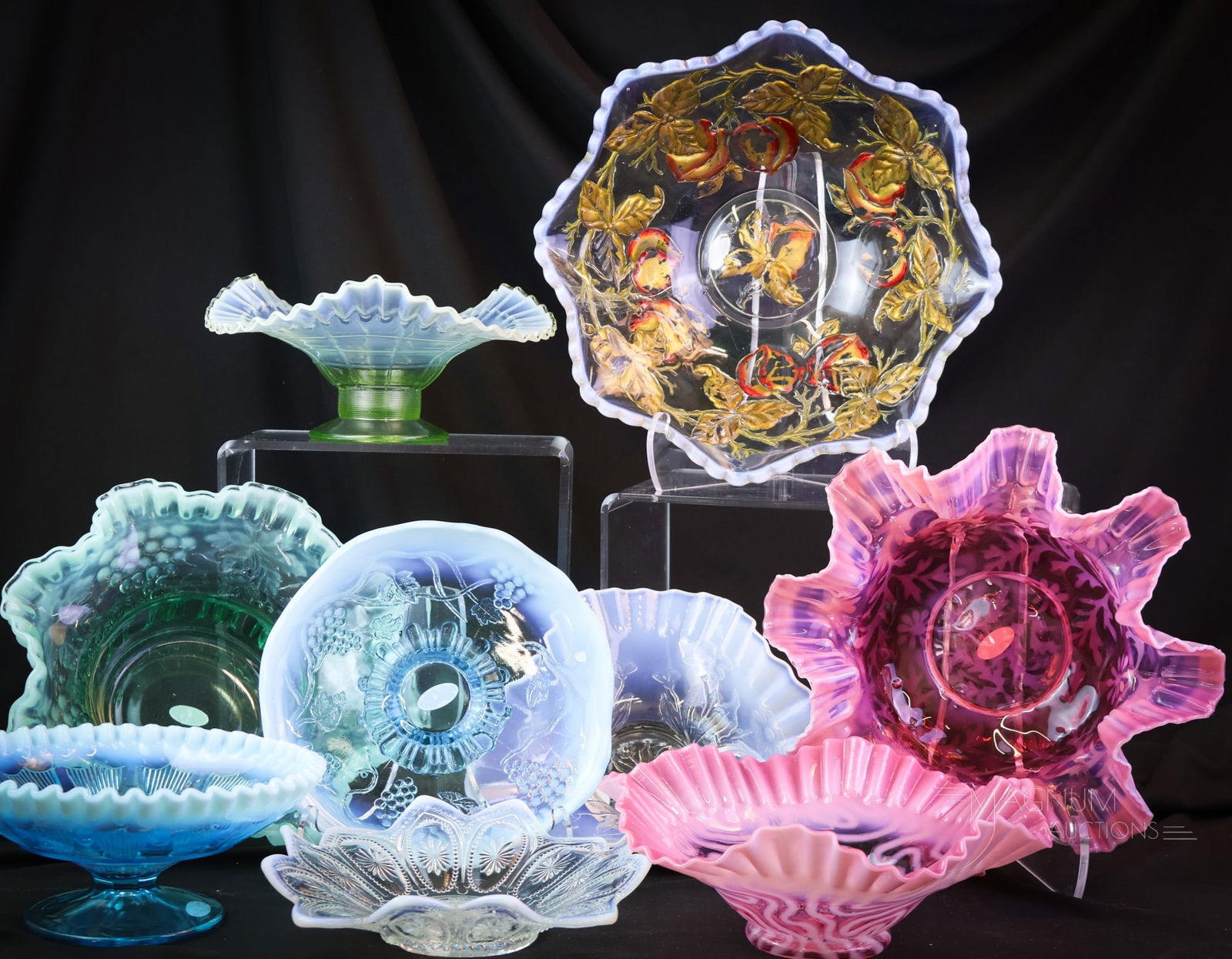 9 pc Lot Opalescent Victorian & Fenton Bowls: Nine bowls for each day of the week and two on the weekends. This lot offers a cranberry opalescent Northwood Daisy & Fern. A cranberry Swirling Maze. A vaseline opalescent Block. The list goes on. So