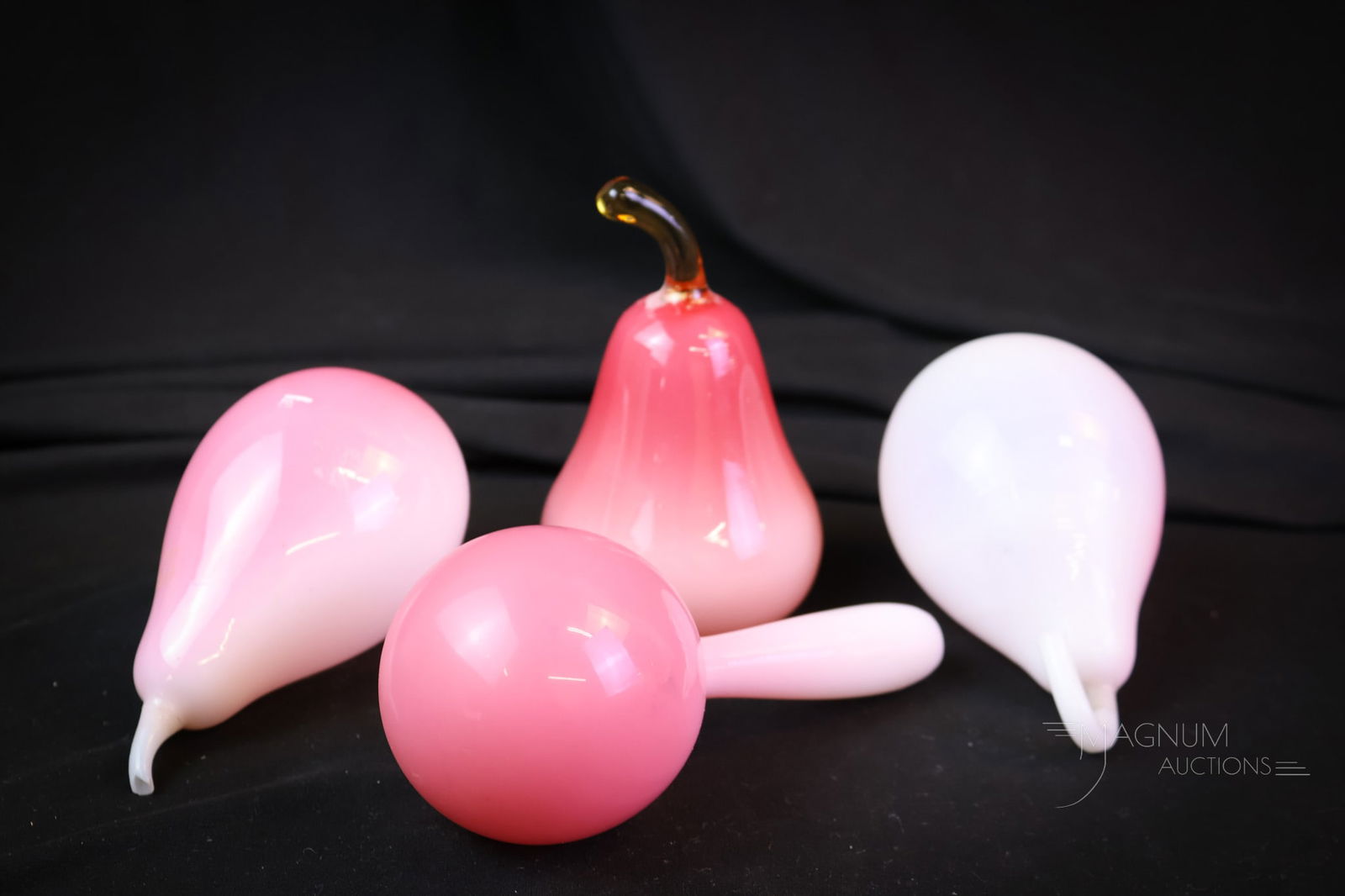 4 pc Lot Peachblow Glass Favorites: This lot of peachblow Victorian glass includes some fan favorites. There are two peachblow pears. One with a full stem. Then there's a darner along with a pear figurine with an amber stand. The