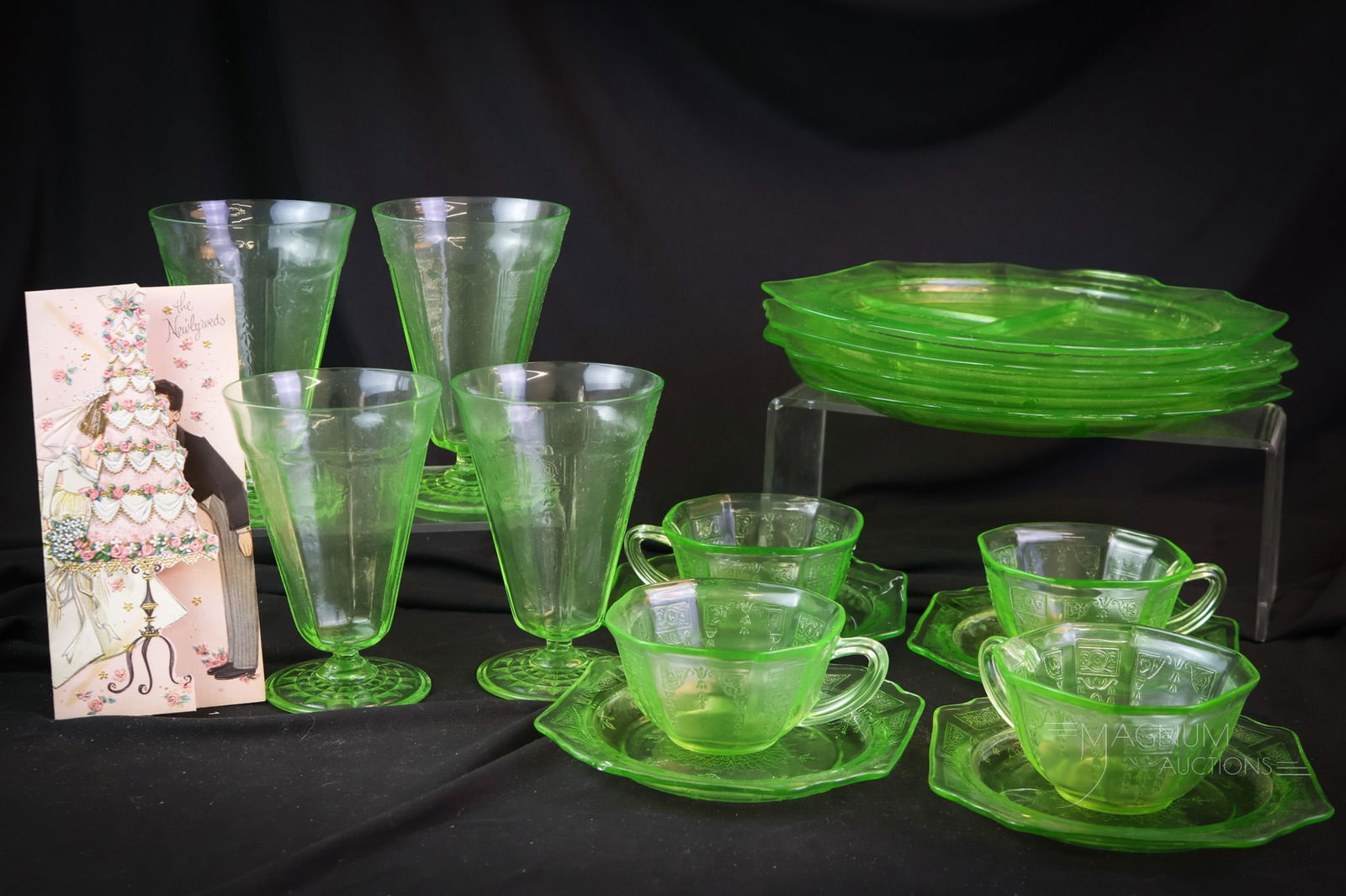 16 pc Set Hocking Glass Princess Uranium in Original Box: A fine, seldom-found offering of a 16-piece set of Hocking Glass in the Princess pattern. This set is in the original box. There are four tumblers, four grill plates, four cups, and four saucers. Thes