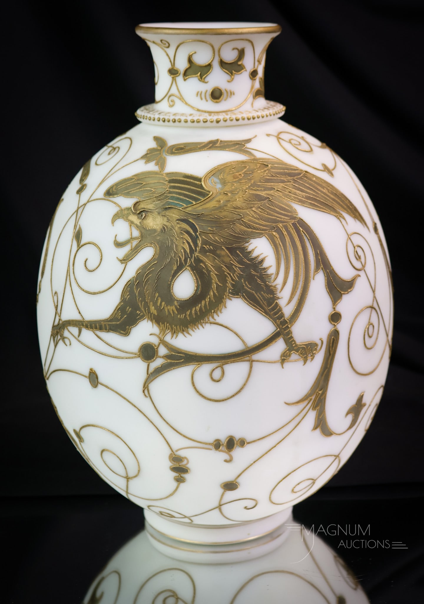 Mt. Washington Crown Milano Griffin Dragon Victorian Art Glass Vase: A showstopping example of a Mt. Washington Crown Milano line vase decorated with a dragon and a griffin. This super piece would be a highlight of any collection. This piece is a wonderful example of V