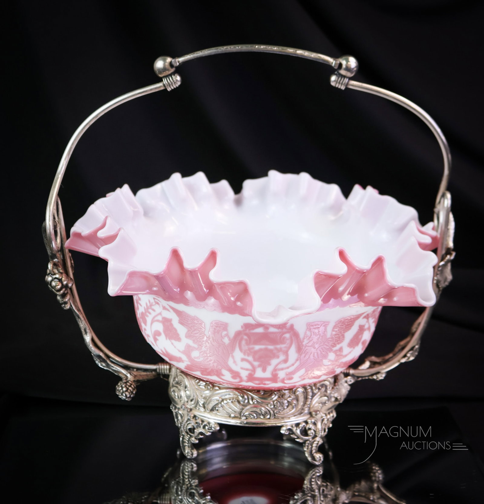 Meriden Victorian Mt. Washington Griffins Cameo Glass Brides Basket Bowl Centerpiece: A beautiful marked Meriden silverplate brides basket frame adorned with grapes. This super frame holds a Mt. Washington cameo glass bowl decorated with griffins. This bowl is in pink cut to white. The