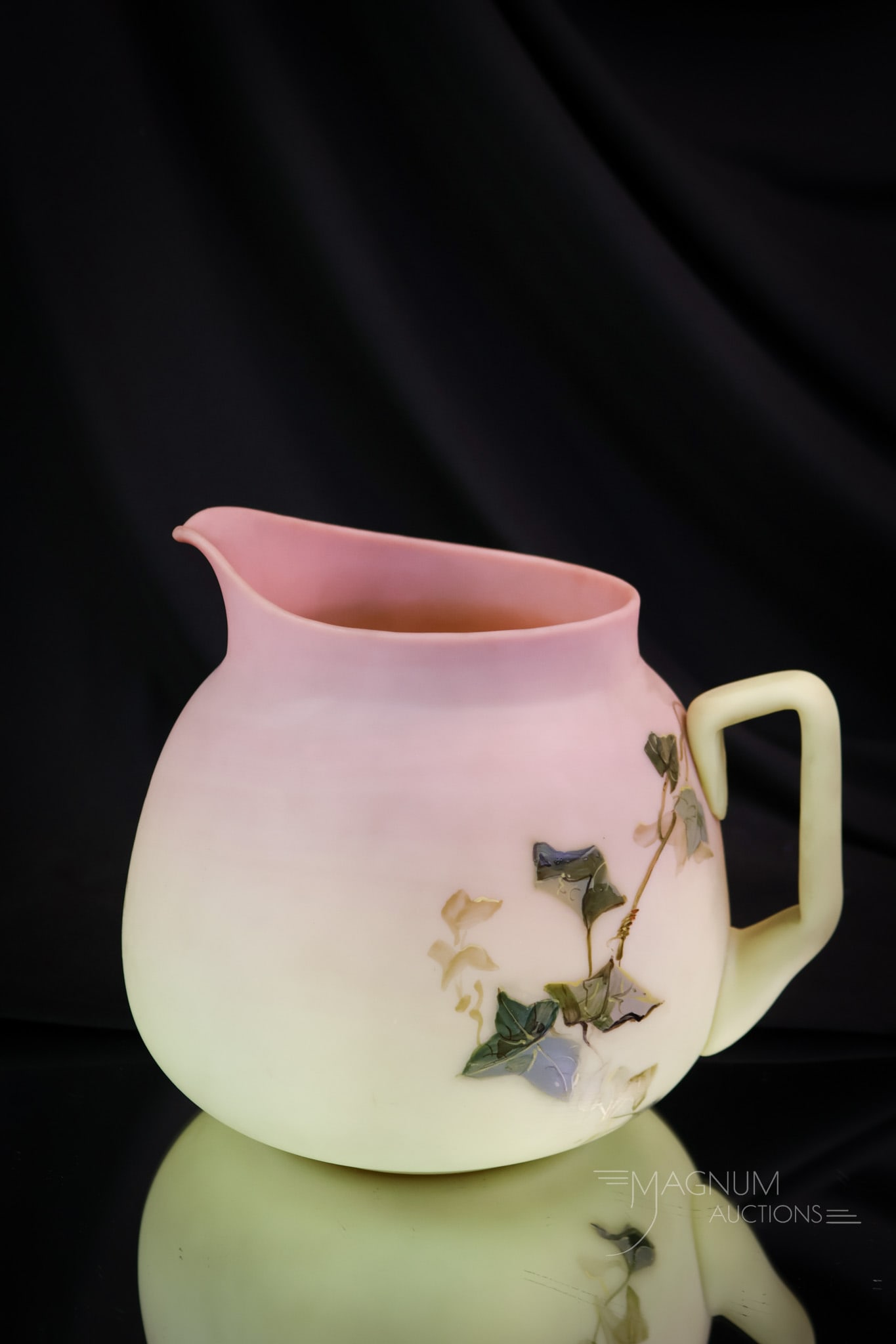 Mt. Washington Burmese Glass Charles Dickens Verse Cider Pitcher: A gorgeous and rare find in Mt. Washington burmese glass. This pitcher is decorated with English ivy vines. It bears a Charles Dickens poem. It reads, "Creeping where no life is seen, A rare old plant