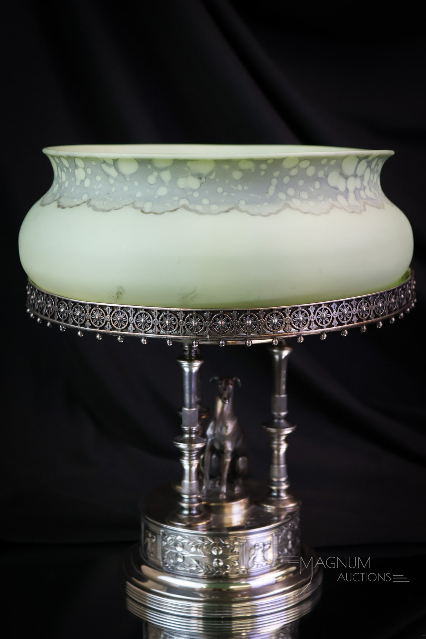 Reed & Barton Victorian Silverplate New England Green Opaque Glass Brides Bowl Centerpiece: A wonderful and rare find in a Victorian Reed & Barton silverplate centerpiece, complete with a New England Green Opaque glass bowl. The holder features a figural greyhound. This centerpiece measures 