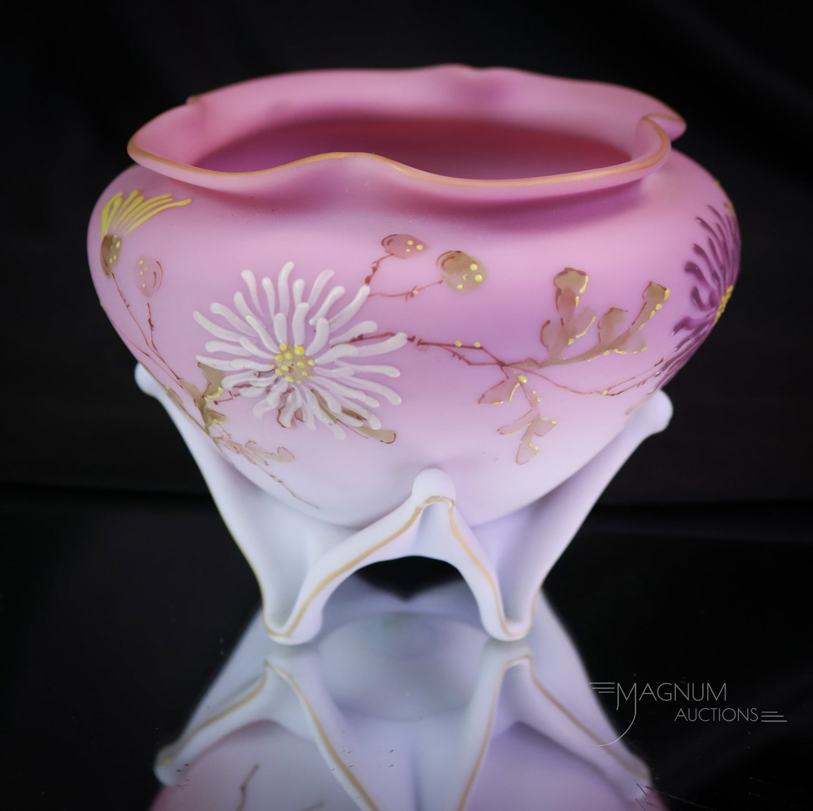 Rare Mt. Washington Peachblow Decorated Art Glass Wishbone Sugar Bowl: A rare find in our auction. Well, one of many…. This is a Mt. Washington peachblow satin decorated sugar bowl. This piece is decorated with fuji mums. The sugar bowl features applied wishbone feet. 