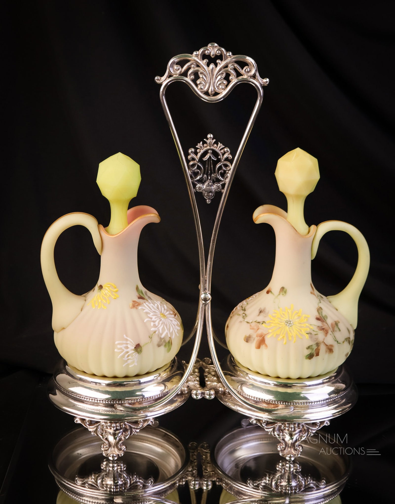 Mt. Washington Burmese Decorated Glass Double Cruet Meriden Silverplate Set (1 of 10)