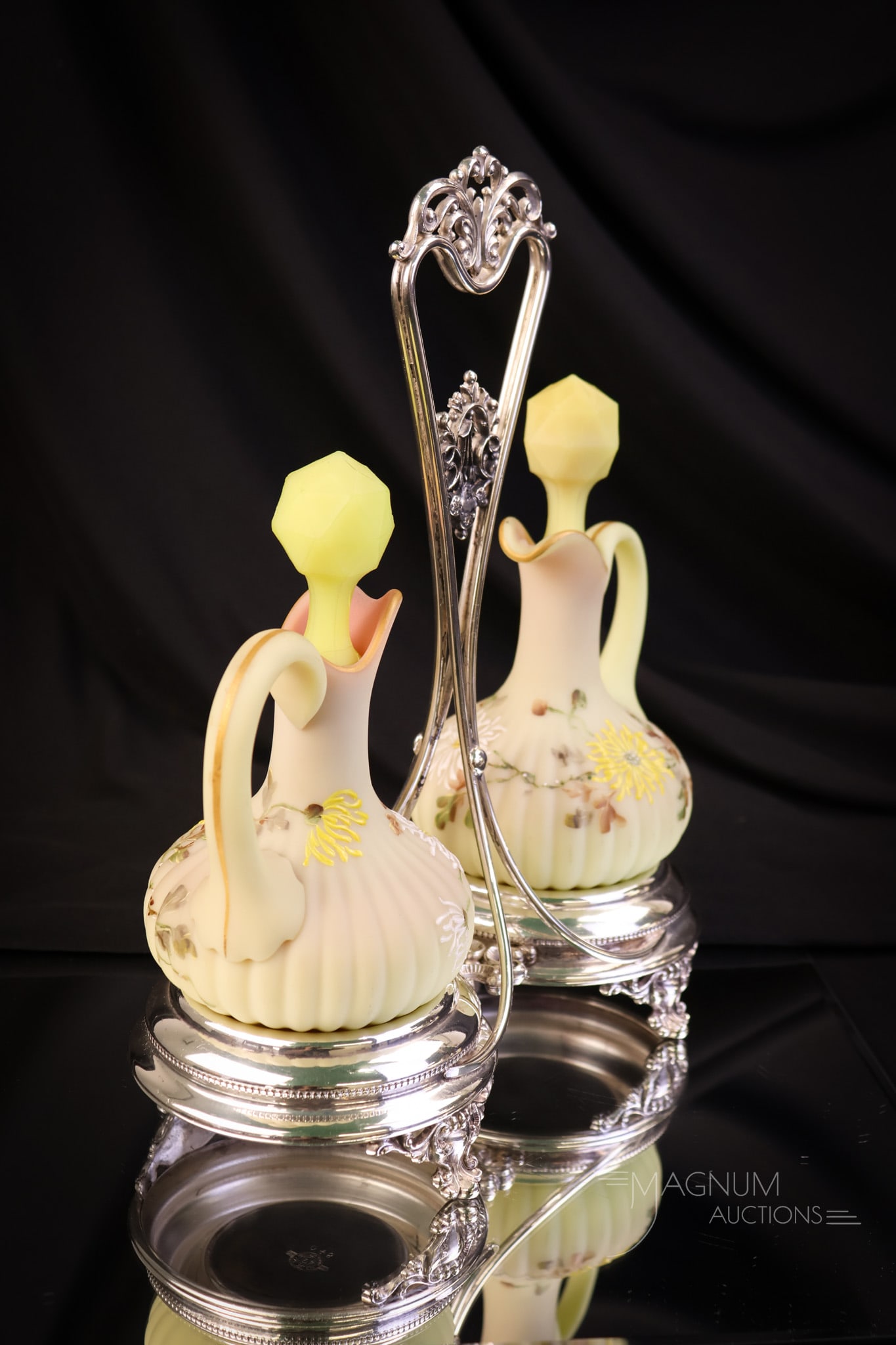 Mt. Washington Burmese Decorated Glass Double Cruet Meriden Silverplate Set - 2