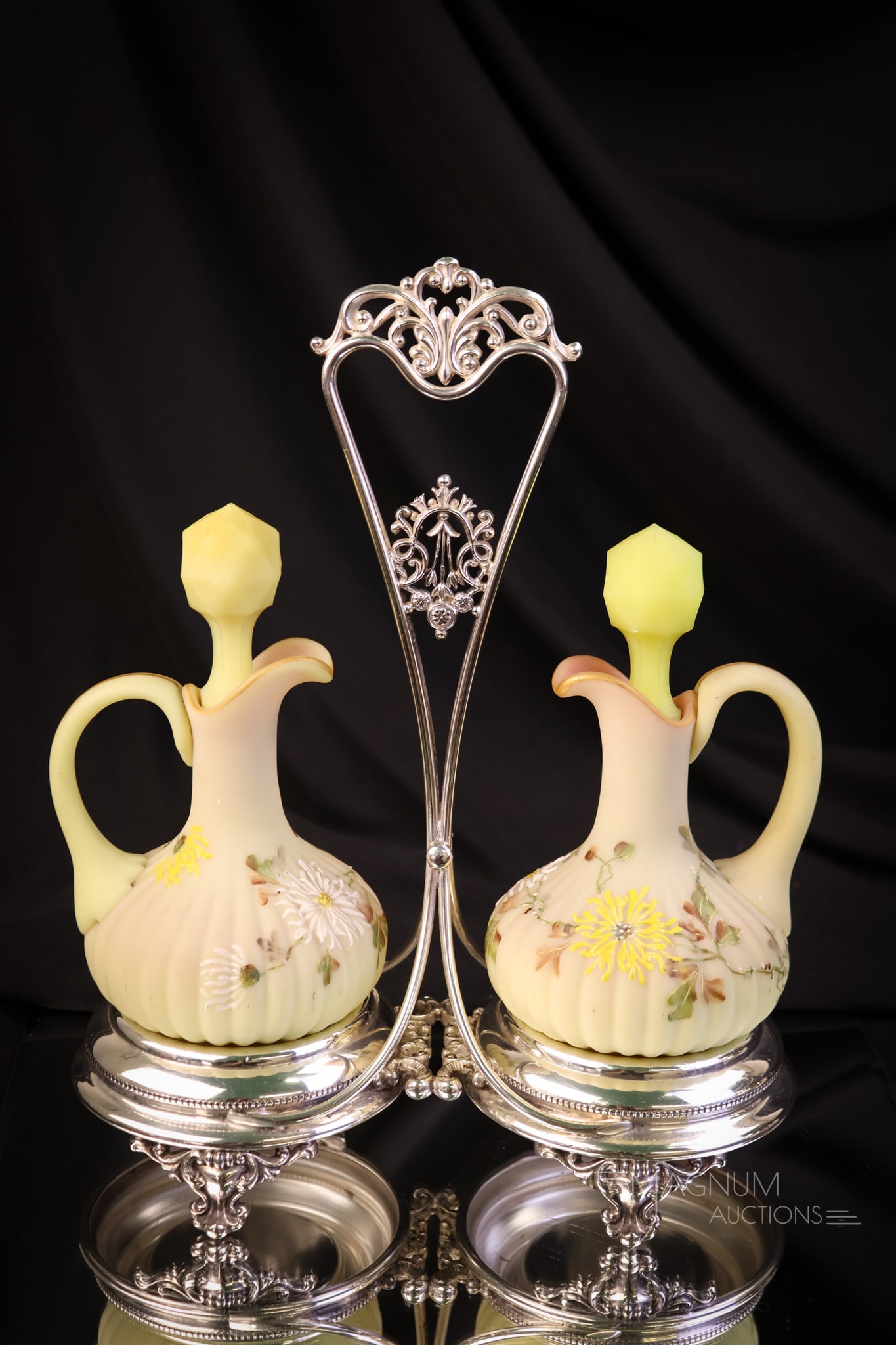 Mt. Washington Burmese Decorated Glass Double Cruet Meriden Silverplate Set - 3