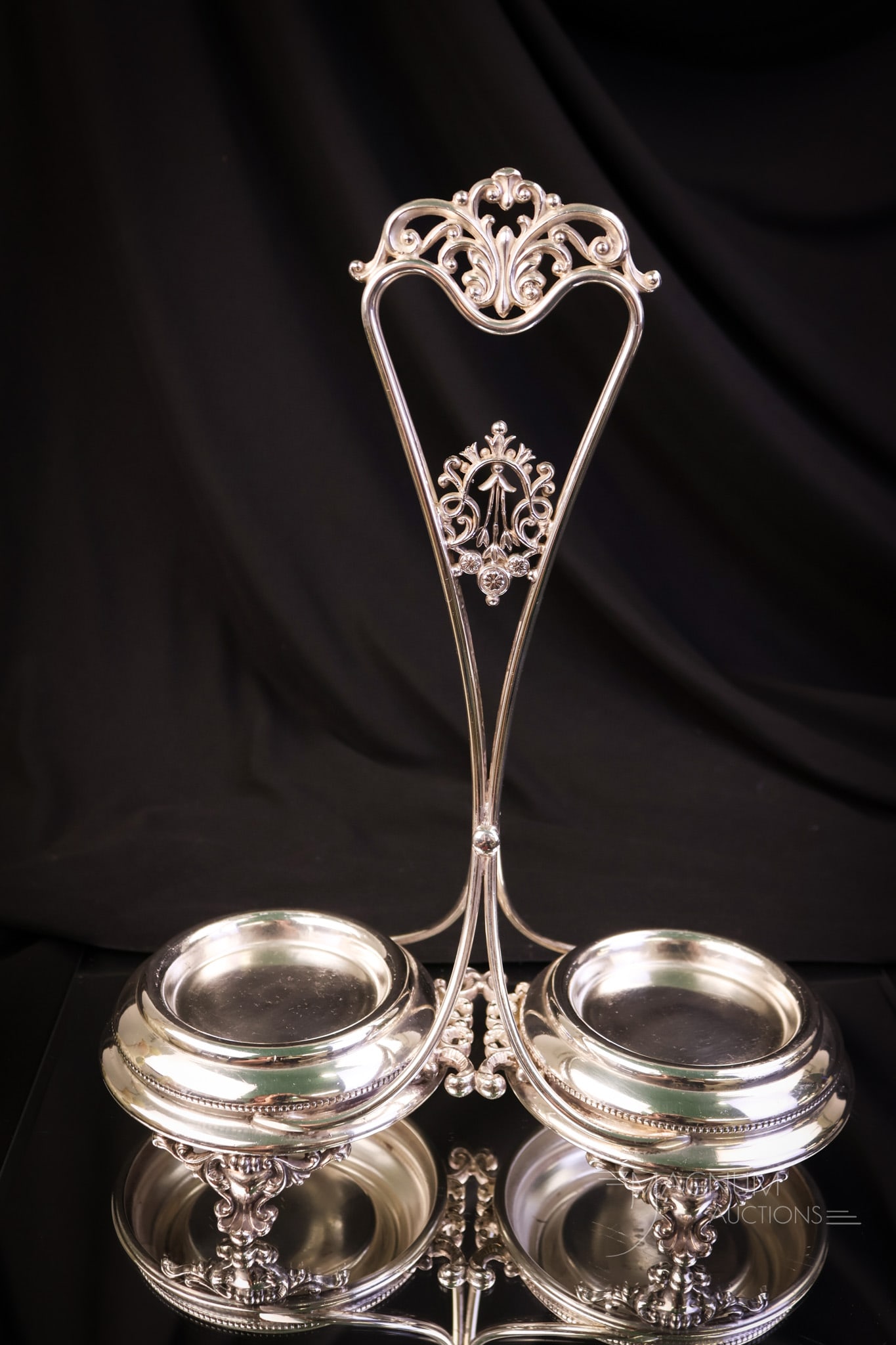 Mt. Washington Burmese Decorated Glass Double Cruet Meriden Silverplate Set - 4