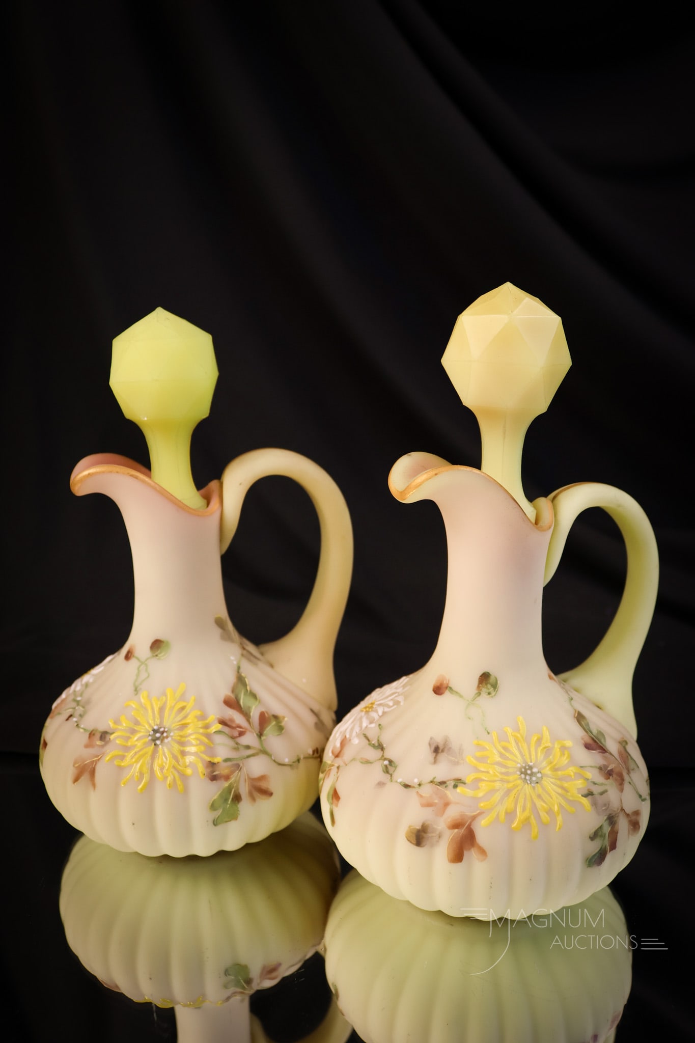 Mt. Washington Burmese Decorated Glass Double Cruet Meriden Silverplate Set - 6