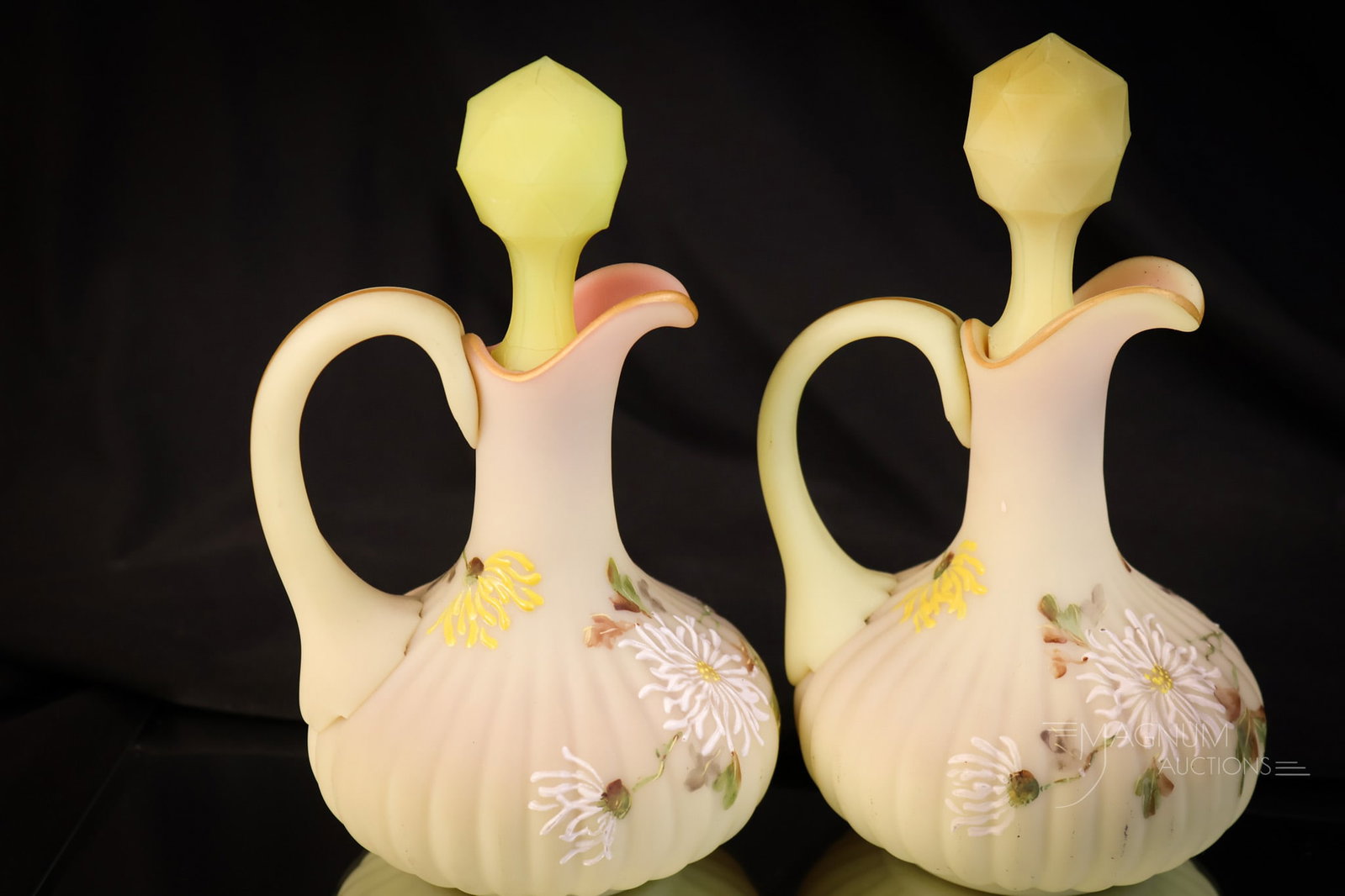 Mt. Washington Burmese Decorated Glass Double Cruet Meriden Silverplate Set - 7