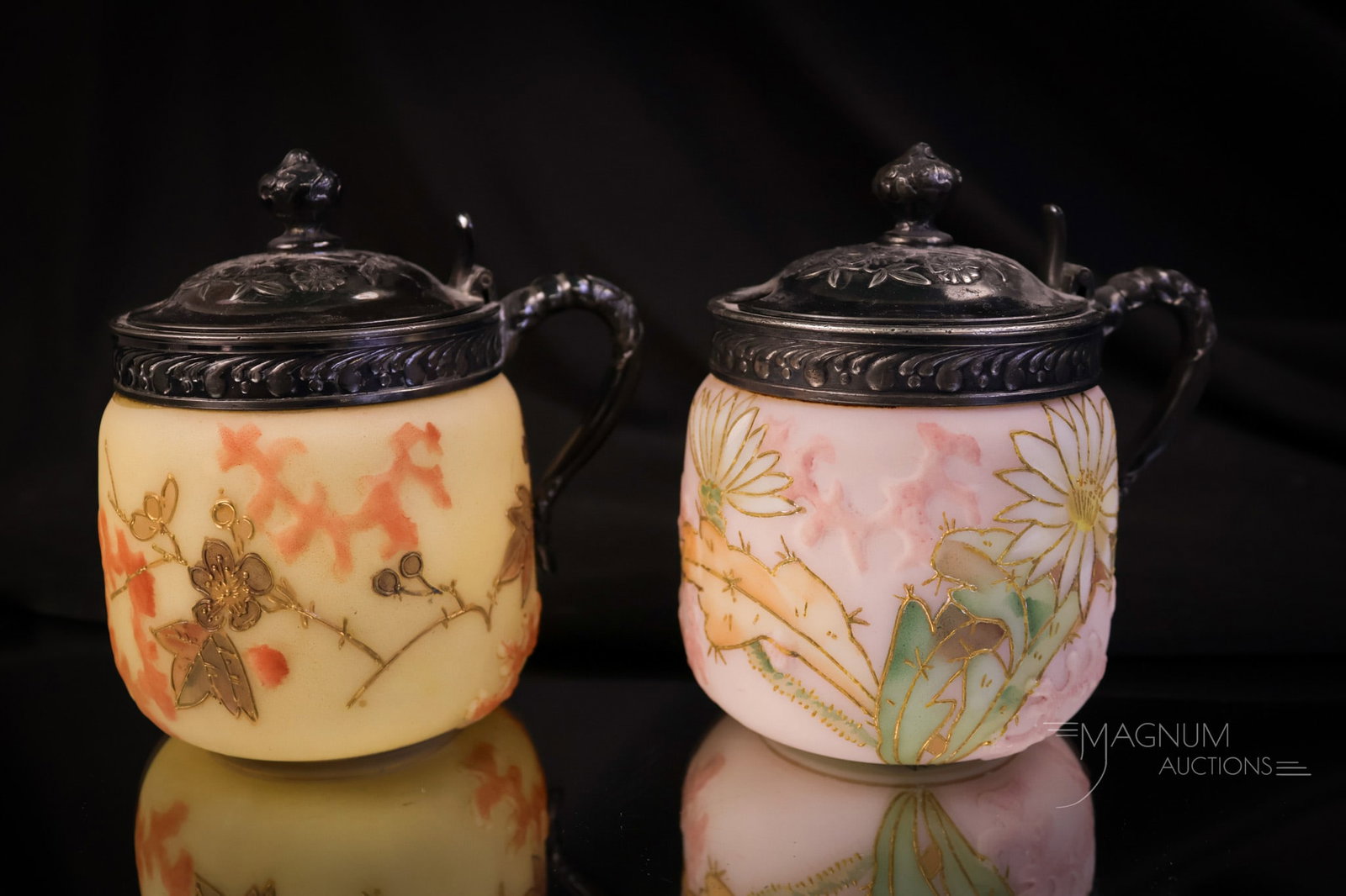 2 pc Lot Mt. Washington Glass Crown Milano Mustard Jars: Two beautiful and unique examples of Mt. Washington Crown Milano mustard jars. Each is decorated in unique colors and decorations. The tallest measures 3 3/4". SHIPPING NOTICE: If you choose not to ut