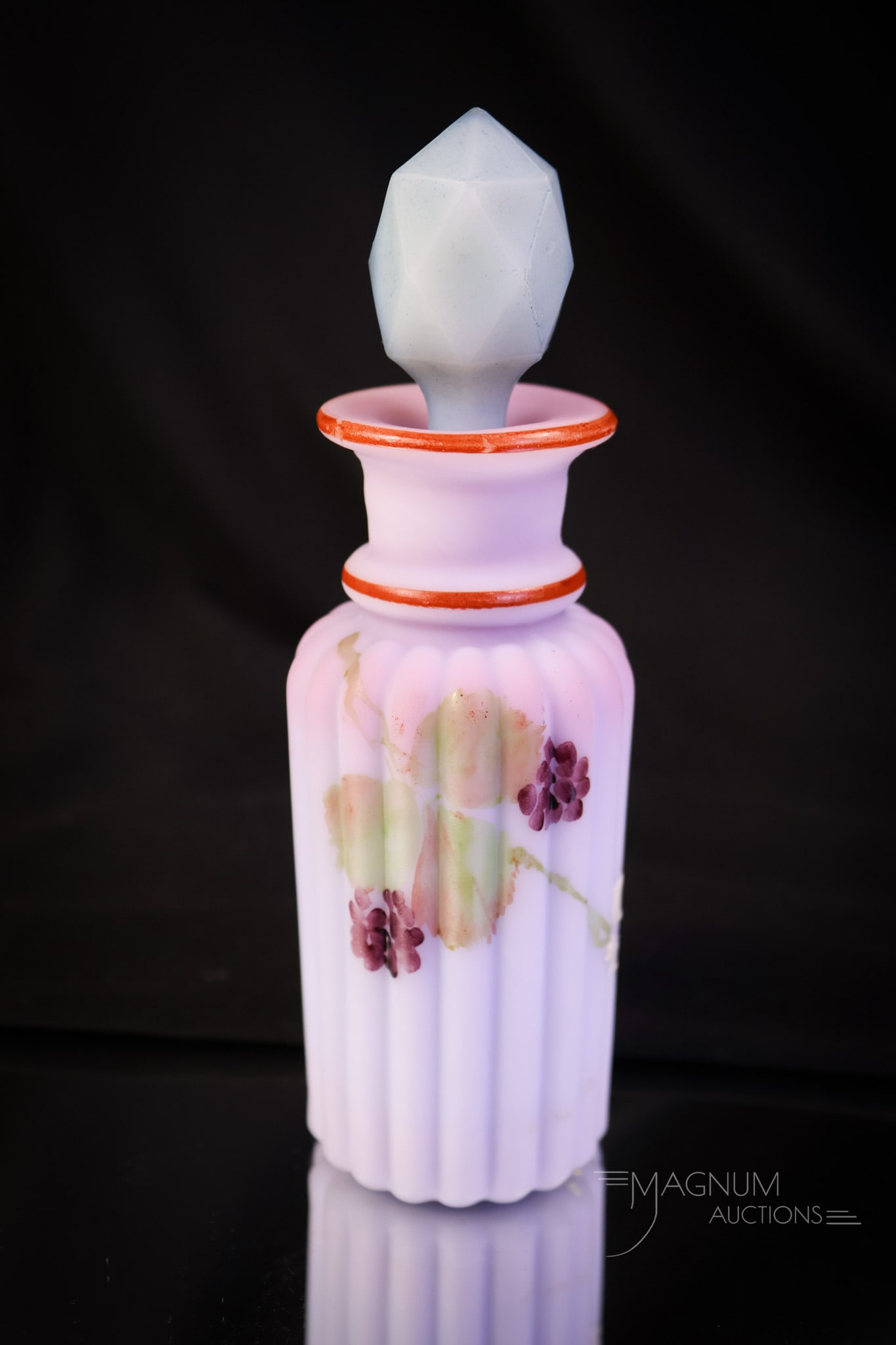 Rare Mt. Washington Peachblow Decorated Glass Vinegar Bottle: A rare find in Mt. Washington, Peachblow decorated glass. This is a vinegar bottle. The glass is peachblow and the stopper is colored to match. The bottle is decorated with blackberries. The bottle me