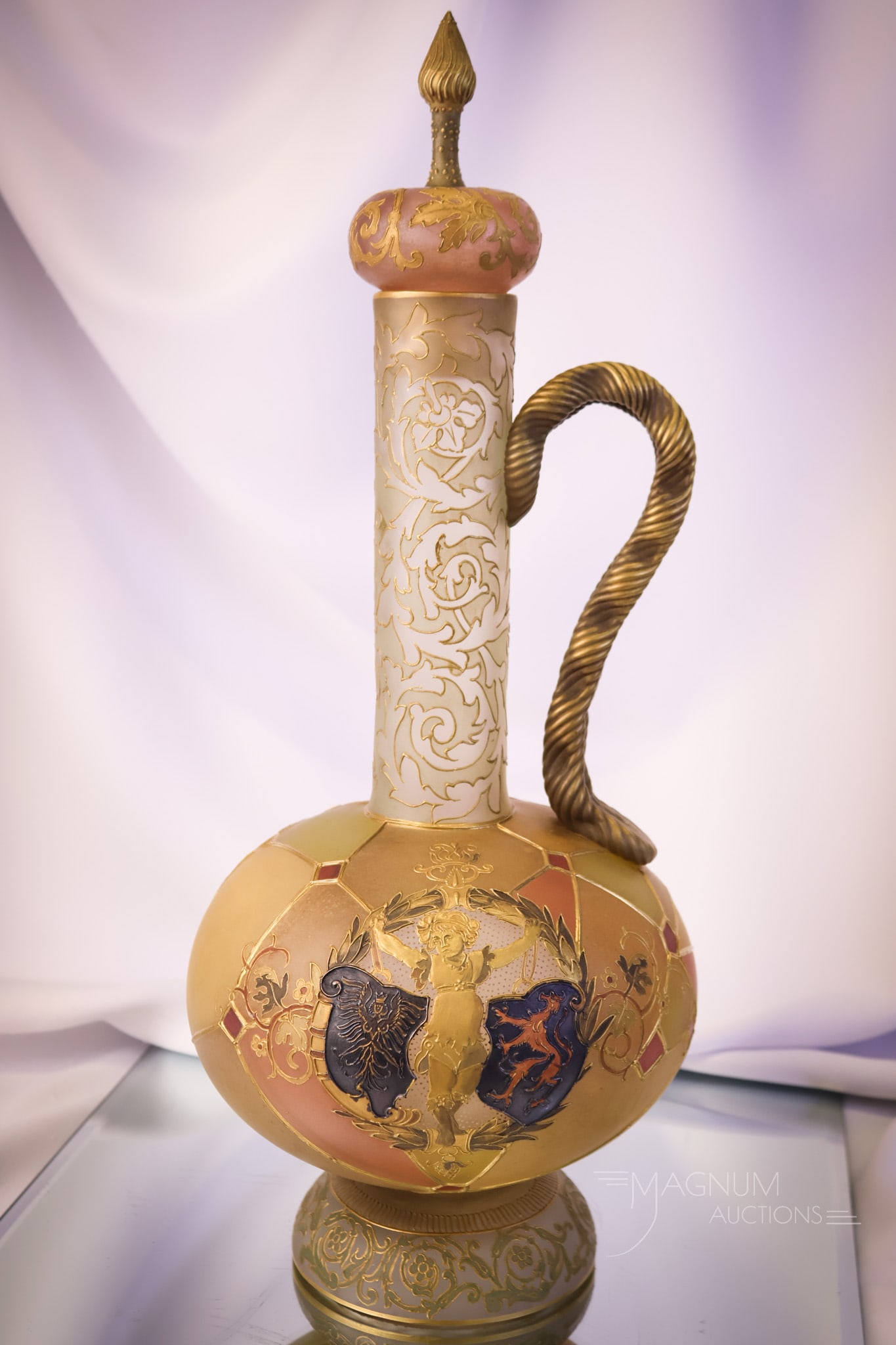 A Museum Rarity 17 1/2" Mt. Washington Royal Flemish Glass Lidded Rope Handle Ewer: A museum rarity, folks, and a Mother Magnum favorite! This is a Mt. Washington Royal Flemish Victgorian lidded double rope handle ewer. This piece is exceptional! The piece features a decoration of se