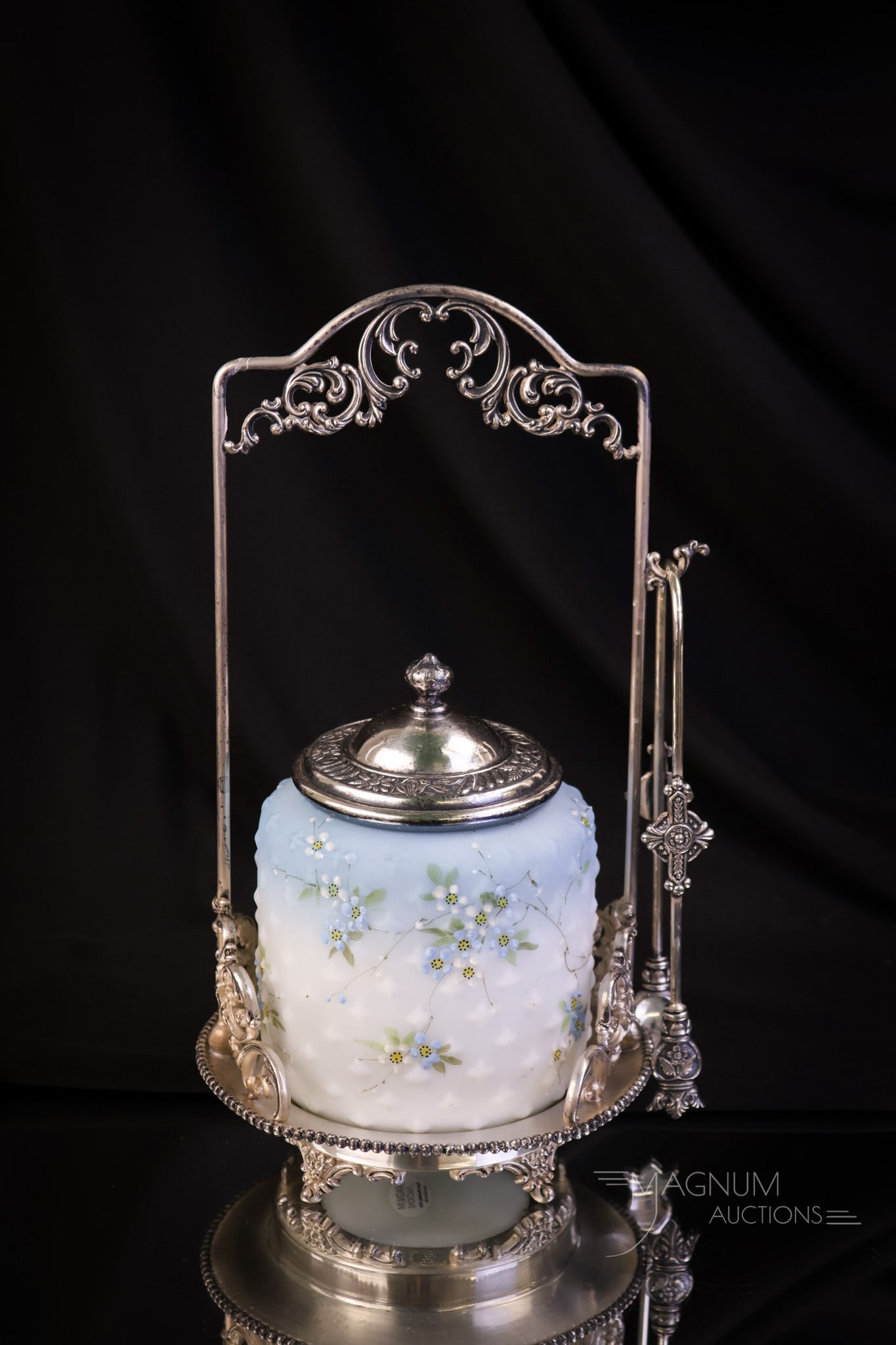 Knickerbocker Silverplate Mt. washington Crown Milano Victorian Pickle Castor: A beautiful Mt. Washington shaded blue Crown Milano line pickle castor jar set in a singed Knickerbocker silverplate holder. The castor jar is decorated with blue and white forget-me-not flowers. The 