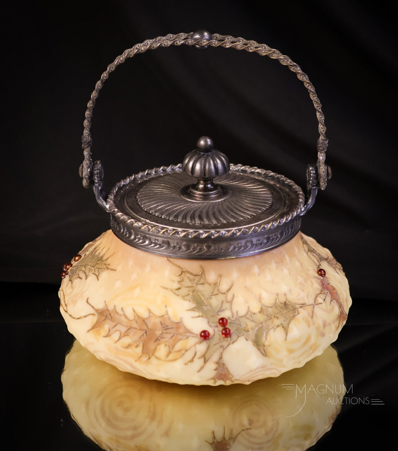 Mt. Washington Crown Milano Holly Cabochon Decorated Glass Sweetmeat: A seldom seen piece of Mt. Washington Crown Milano glass. This one has holly decoration with applied cabochon jewels for the holly berries. The piece features the original silverplate mountings. The p