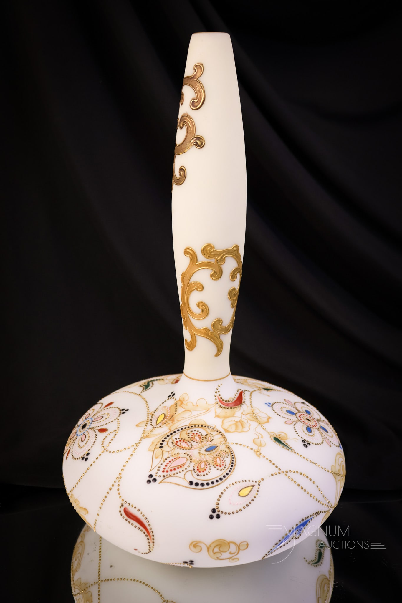 Mt. Washington 13" Crown Milano Glass Decorated Vase: A very attractive find in this 13" tall Mt. Washington Crown Milano glass vase. This vase is a mt. Washington classic form. A welcome addition to any collection. SHIPPING NOTICE: If you choose not to 