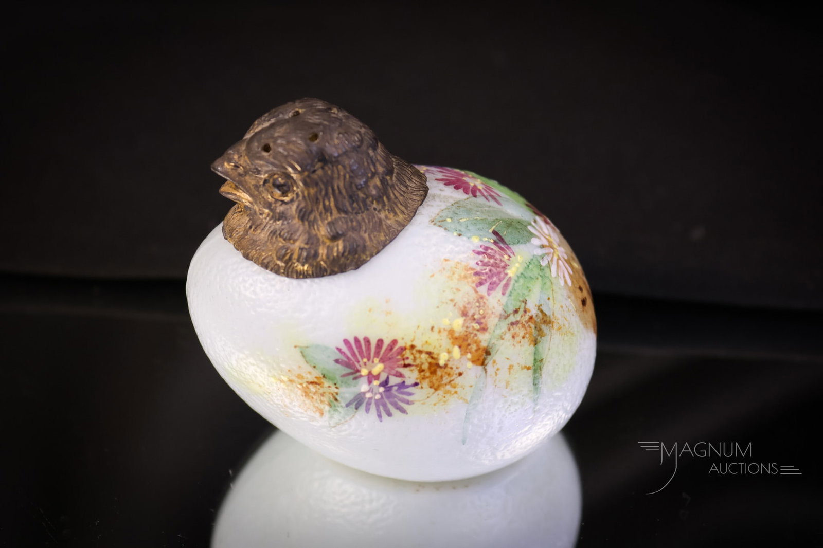 Mt. Washington Victorian Glass Chick Head Salt Shaker: A charming Mt. washington Victorian glass chick head salt shaker. This little charmer has shaded blue coloring and colorful florals around the body. The shaker has the original head with prongs. The s