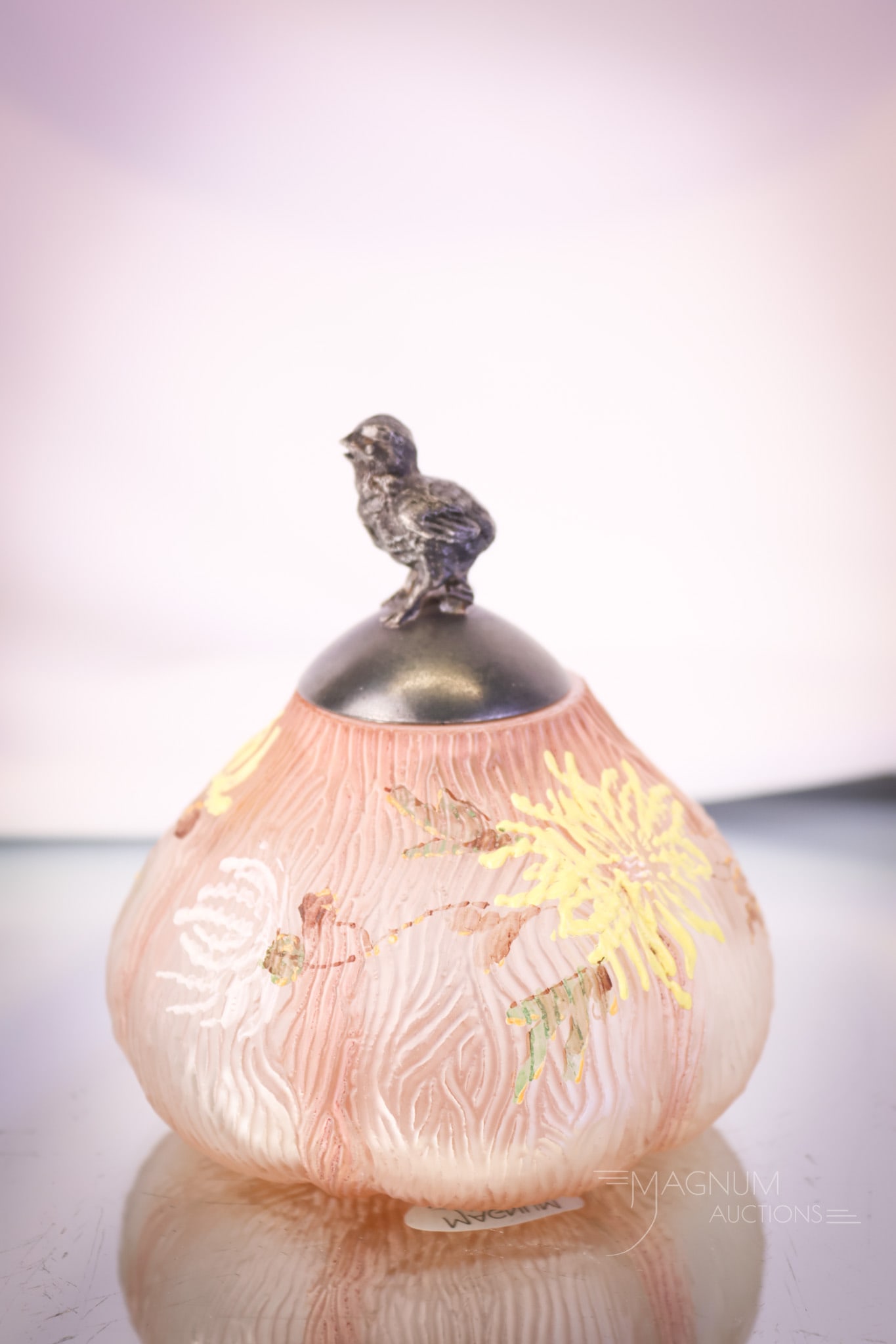 Very Rare Mt. Washington Glass Flemish Fig Glue Pot: A very rare find in Victorian Mt. Washington Royal Flemish. This is a glue pot in the form of a fig. This piece is complete with the original chick-topped lid with brush. The glue pot measures 4"