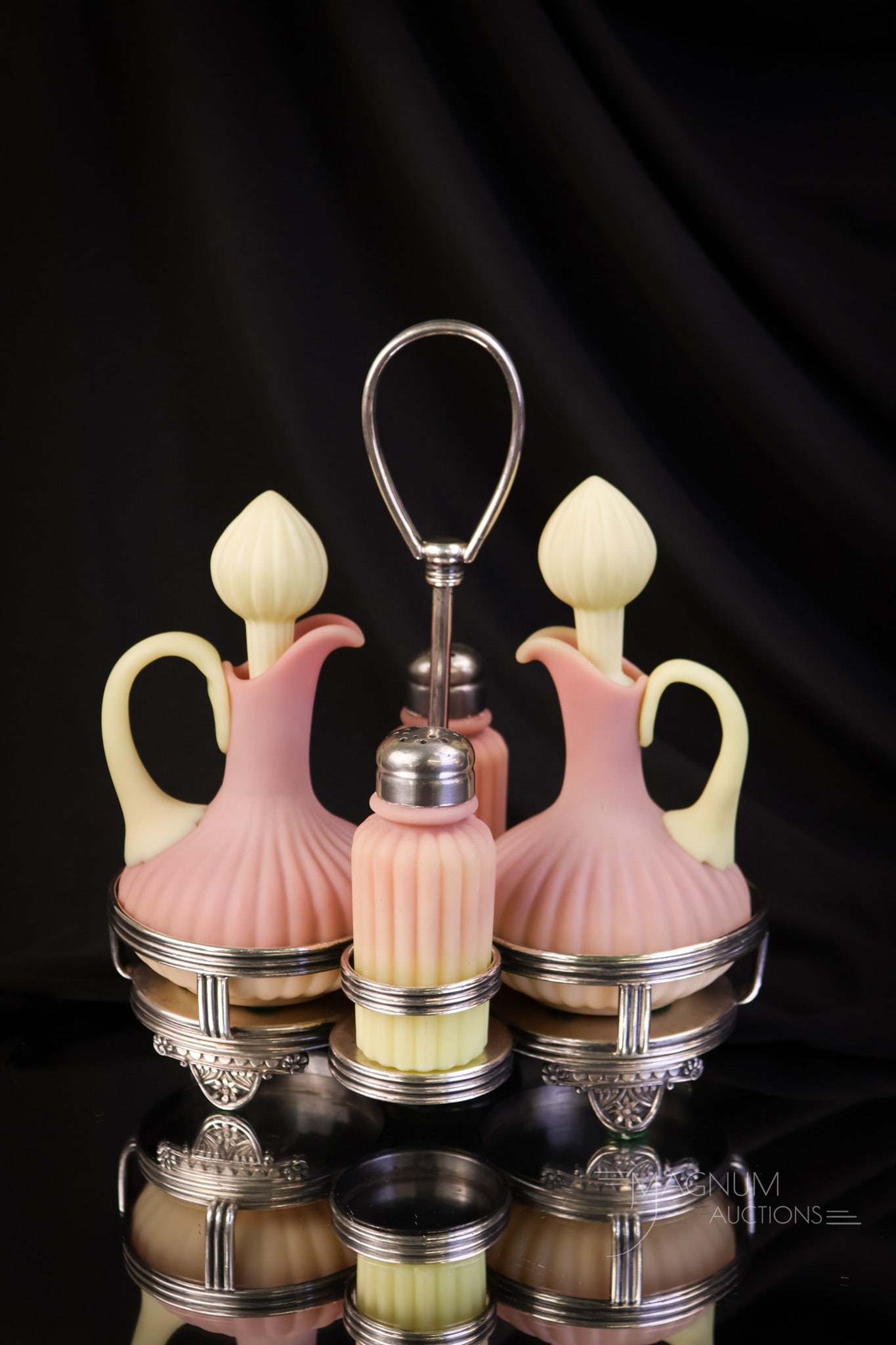 Pairpoint Silverplate Mt. Washington Burmese Glass Cruet Condiment Set (1 of 10)