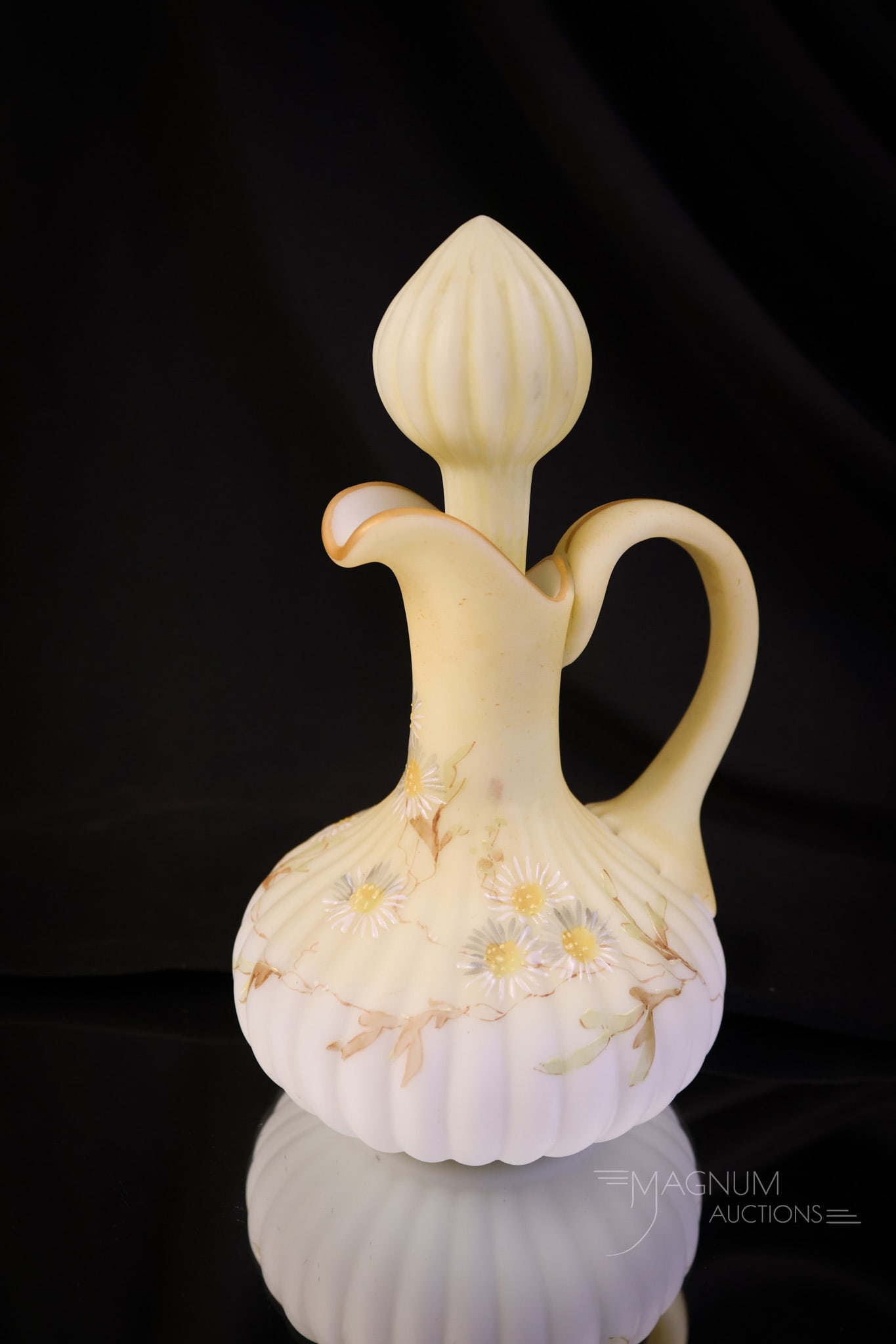 Mt. Washington Victorian Decorated Satin Glass Cruet: A beautiful find in Mt. Washington glass. This is a lusterless cruet with pale yellow coloring and a decoration of daisy flowers. The cruet measures 6 1/4" tall. SHIPPING NOTICE: If you choose not to 