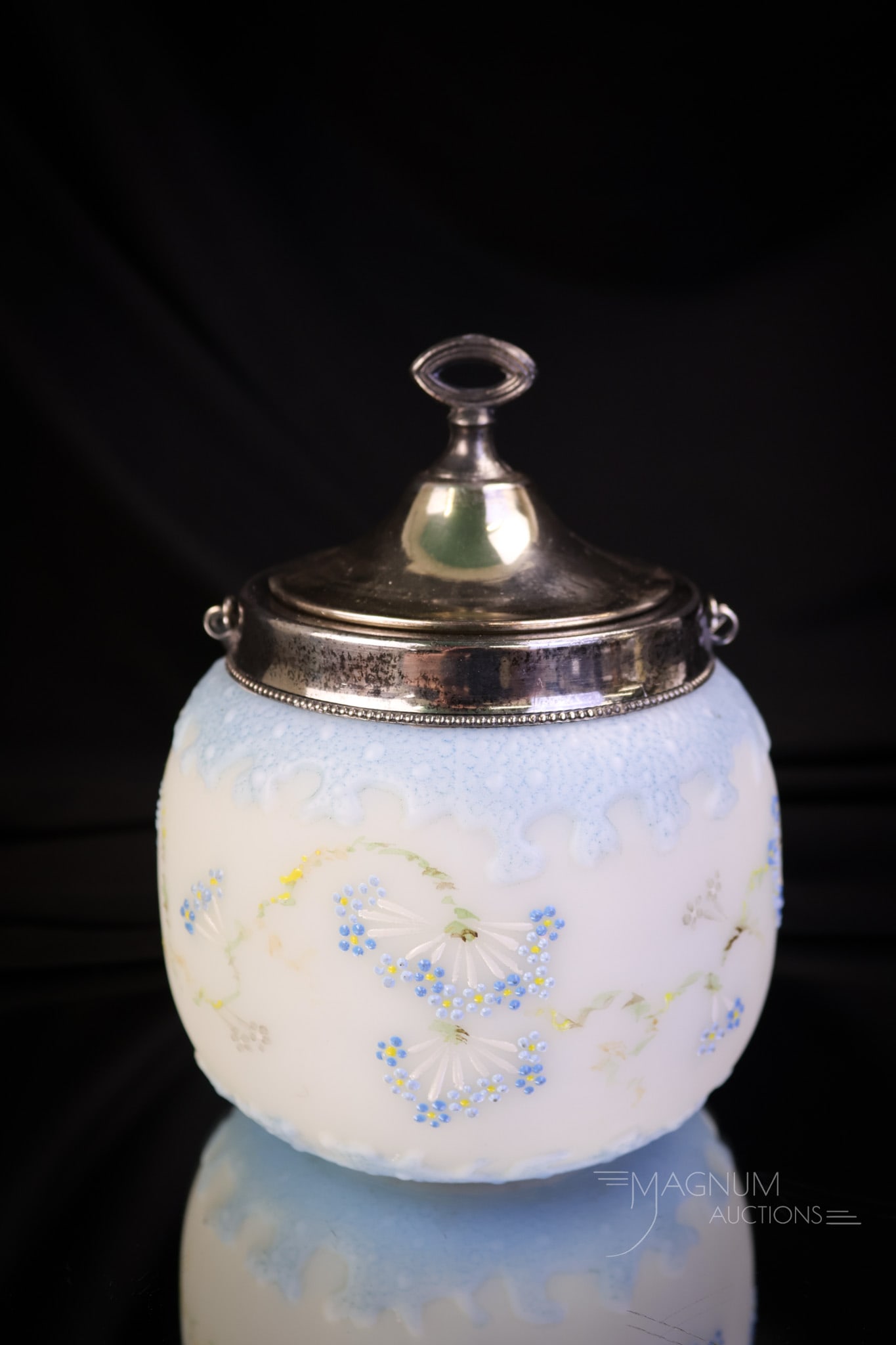 Mt. Washington Crown Milano Glass Sweetmeat Jar w/ Silverplate: A very fine Mt. Washington Crown Milano glass Victorian sweetmeat. This jar is decorated with petite blue and white flowers. The jar is decorated in a powder blue. The jar measures 5" tall and 4" wide