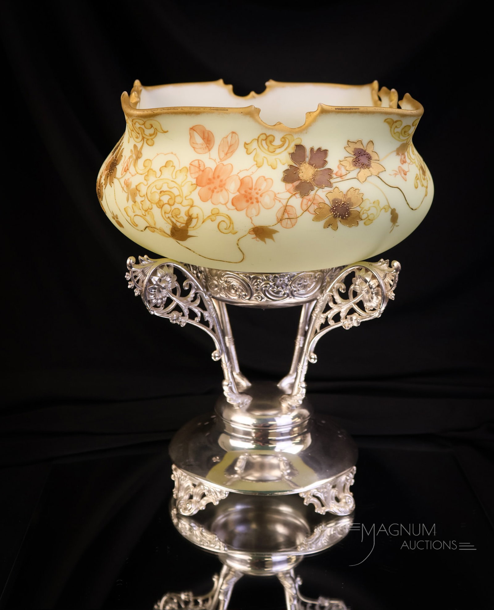 Signed Mt. Washington Crown Milano Victorian Brides Bowl: A wonderful find in this Mt. Washington Crown Milano signed Victorian brides' bowl centerpiece. The glass is rich in uranium and glows brightly under black light. The bowl is decorated with florals an