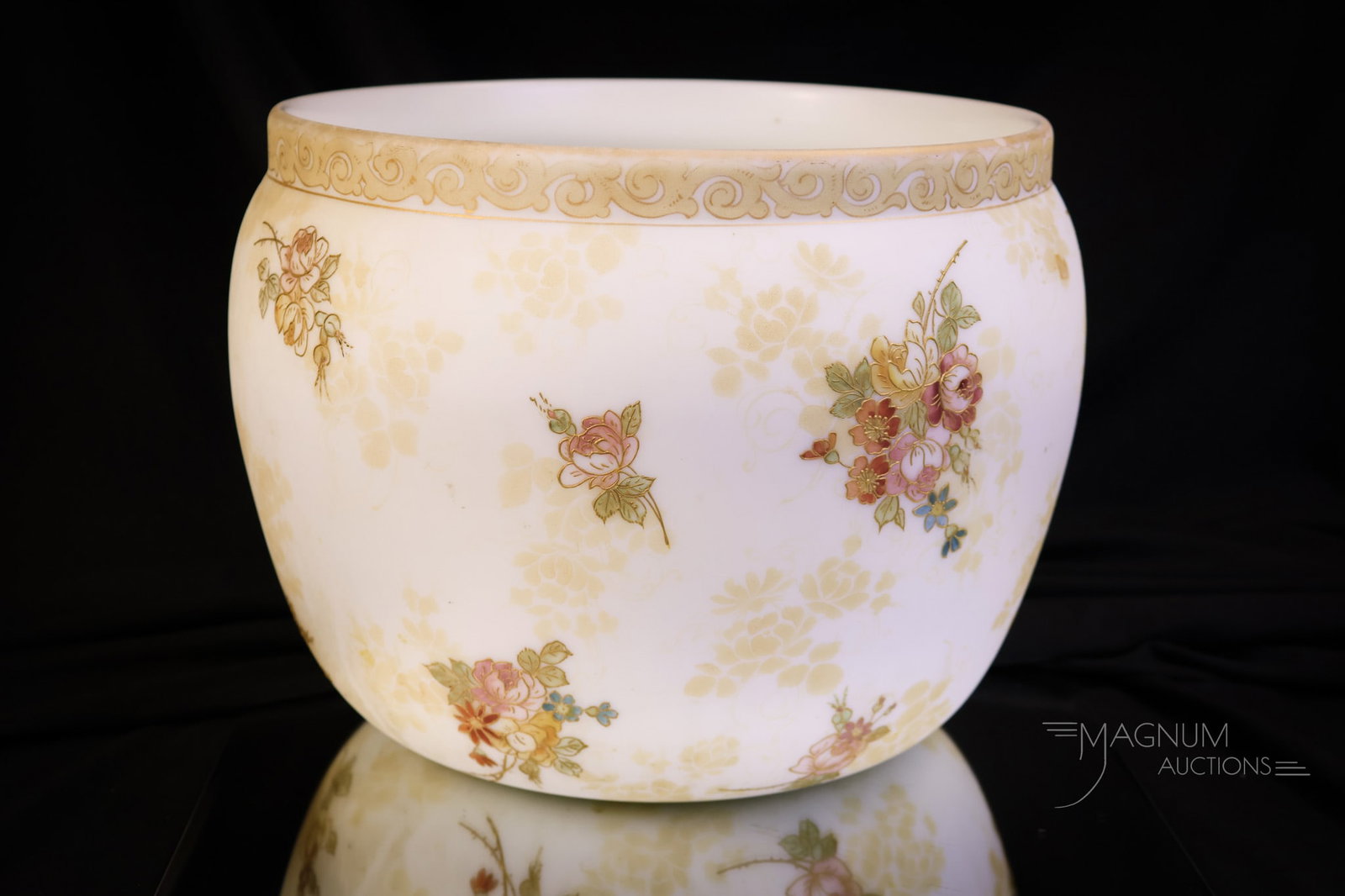 Rare massive 10 1/2" Signed Crown Milano Victorian Drsden Flowers Jardinere: A rarely found piece. This is a massive jardinere in Mt. Washington glass in their Crown Milano line with Dresden floral decoration. The piece measures a large 8 1/2" tall and 10 1/2" wide. SHIPPING N