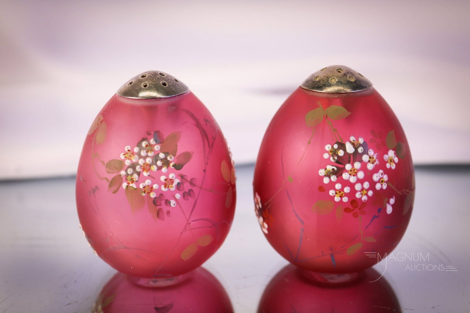 Matched pair Mt. Washington Cranberry Ostrich Egg Victorian Salt Shakers (1 of 6)