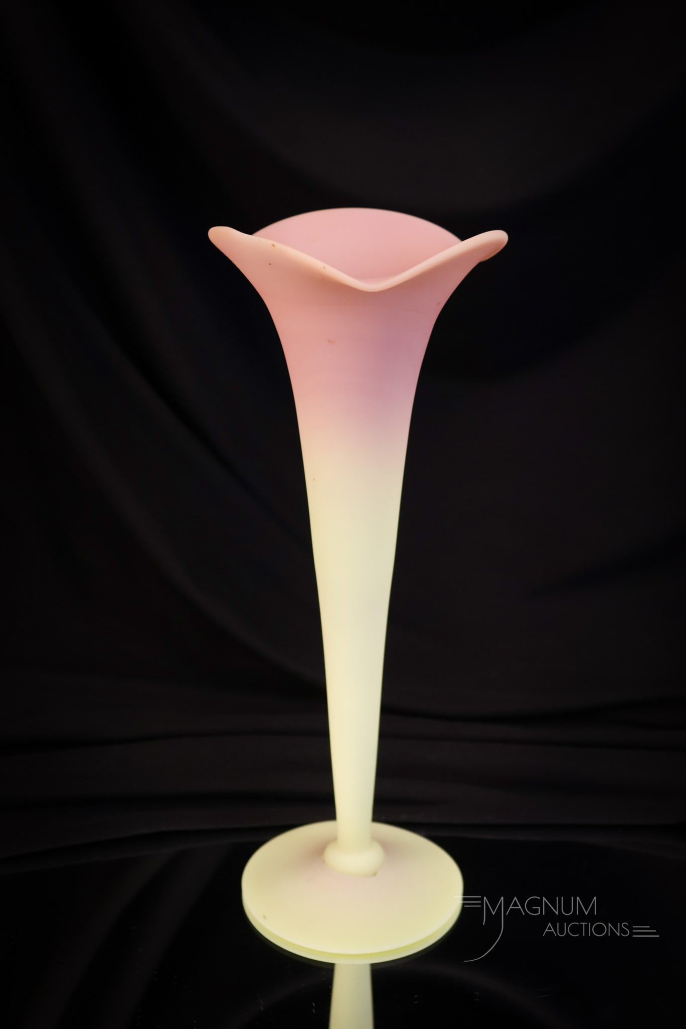 Mt. Washington Victorian Burmese Glass 10" Lily Vase: A perfectly colored Mt. Washington burmese glass lily vase. This gem measures 10" tall and will be a welcome addition to any collection. This one measures 10" tall. SHIPPING NOTICE: If you choose not 