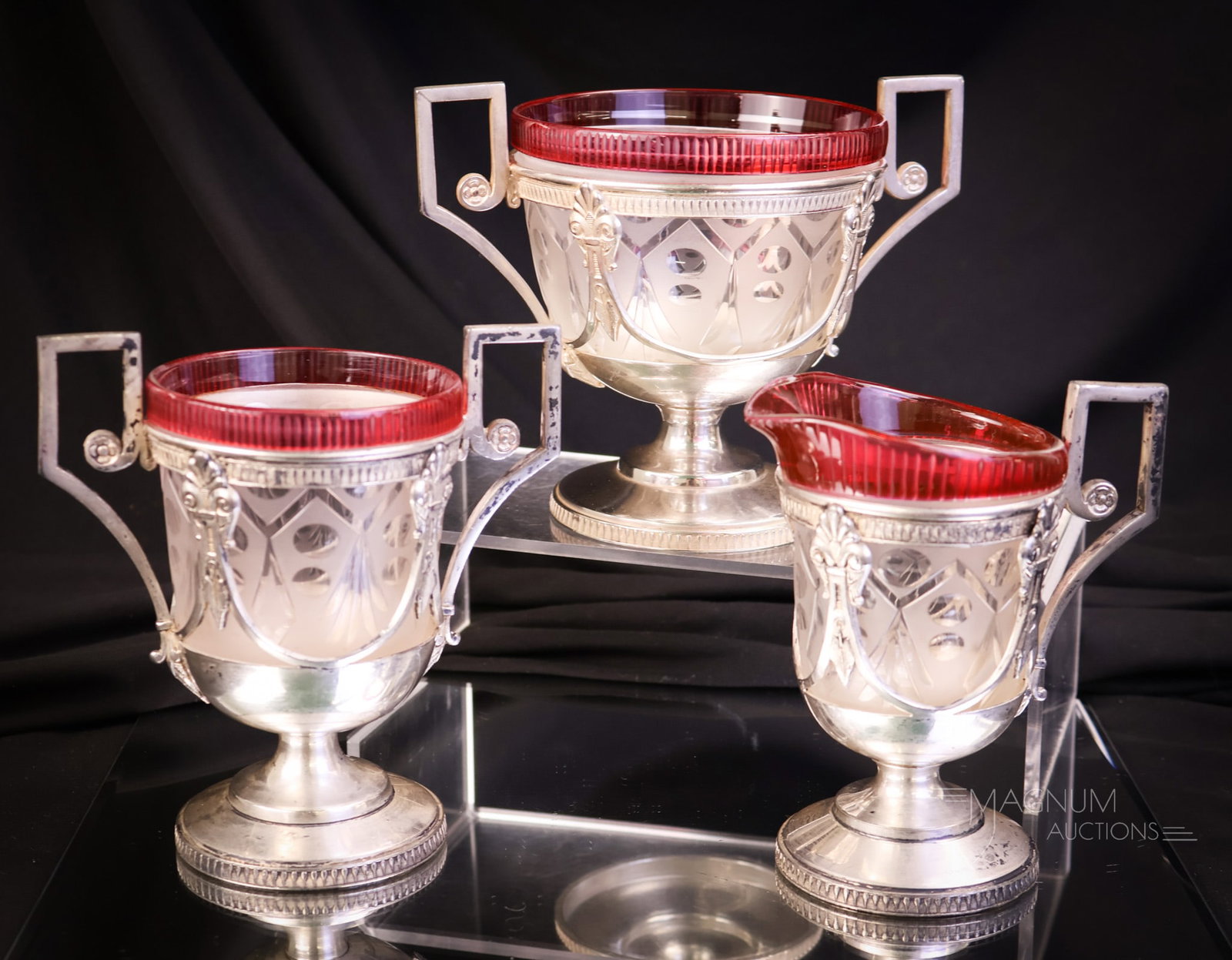 Mt. Washington Boston & Sandwich Peppermint Stick Victorian Glass Wilcox Silverplate Set: An attribution to Mt. Washington or Boston & Sandwich Glass. This is three pieces of Peppermint stick glass in marked Wilcox silverplate holders. This is also thought to be Boston & Sandwich. Possibly