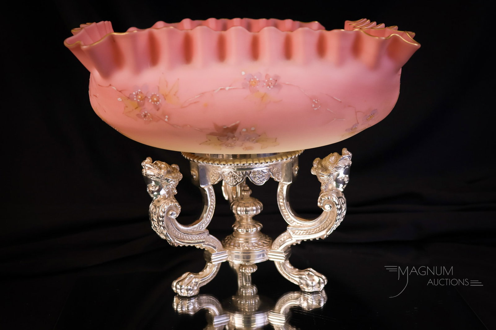 Mt. Washington Burmese Glass Decorated Brides Bowl Pairpoint Silverplate (1 of 9)