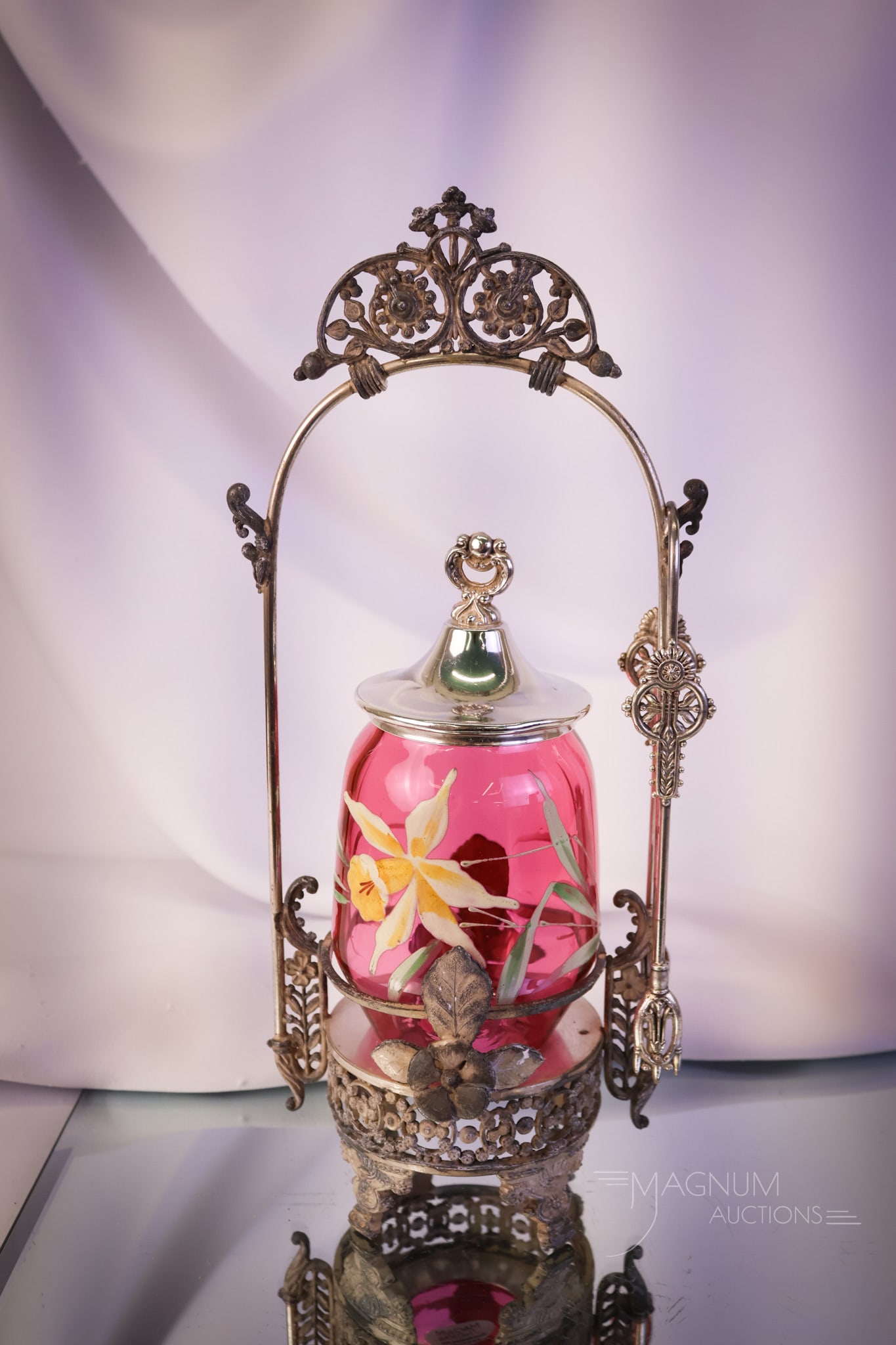Victorian Aurora Silverplate Cranberry Enameled Glass Pickle Castor (1 of 10)