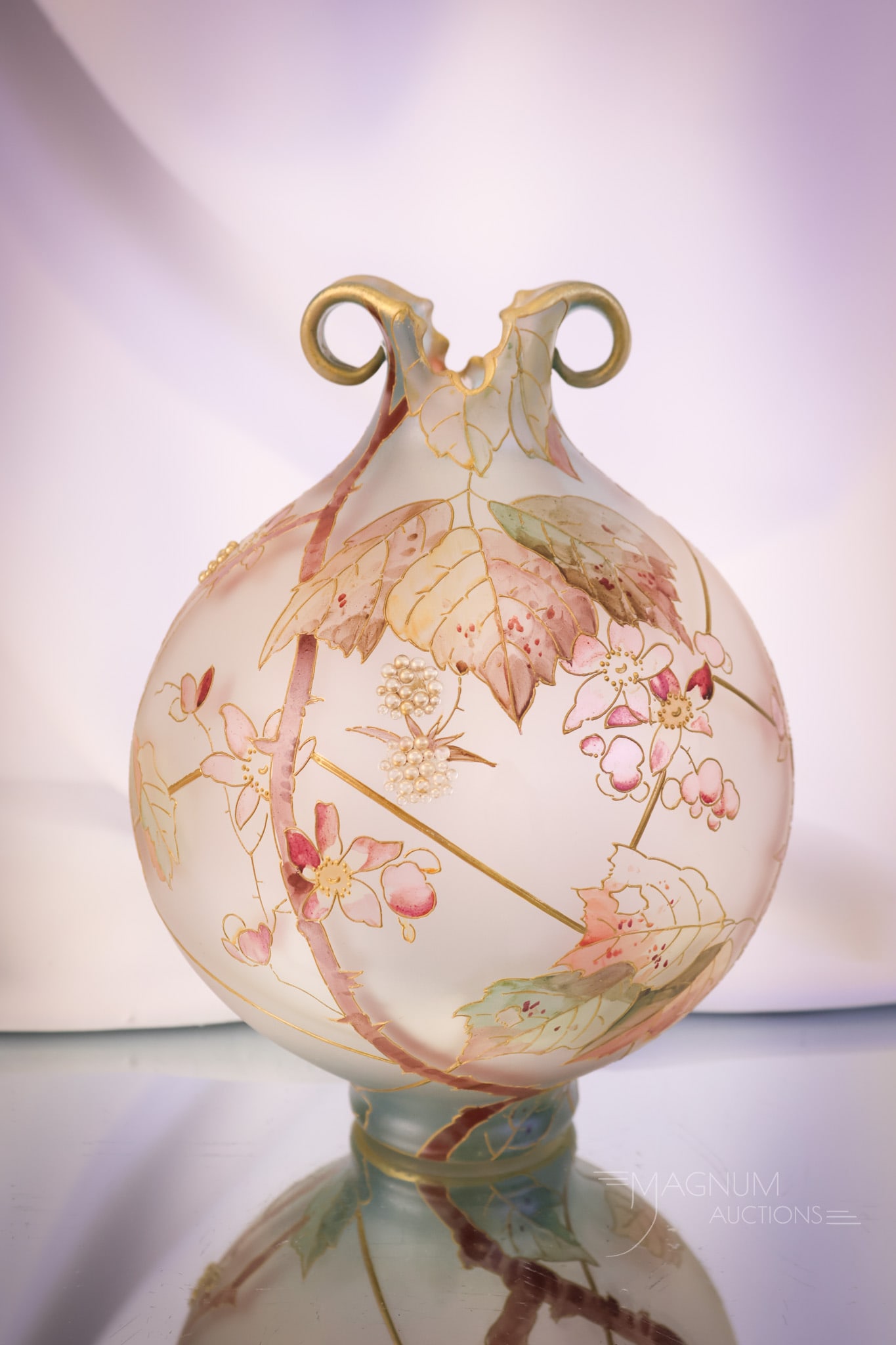 rare Mt. Washington Royal Flemish Blackberry Decorated Victorian Art Glass Vase: A rare find in Mt. Washington Victorian Royal Flemish art glass. This form features curled handles and all-over black berry decoration. Cabochon jewels make the blackberry flowers. A Mother Magnum fav