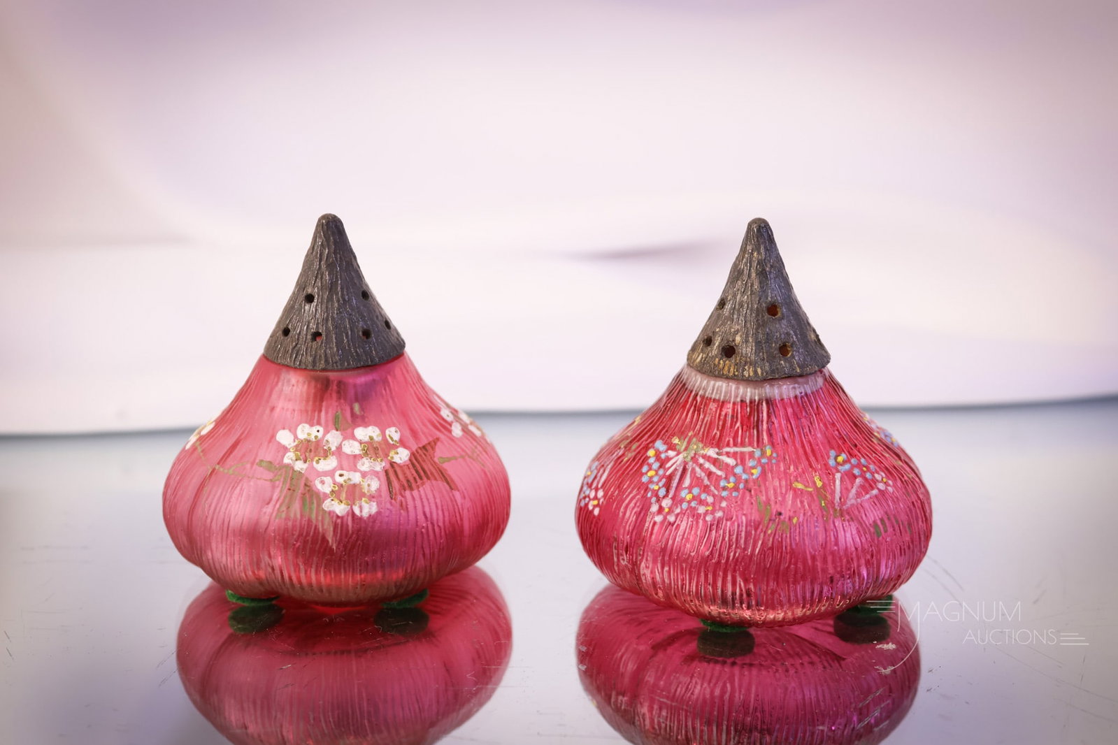 Pair Mt. Washington Cranberry Satin & Glossy Glass Victorian Fig Salt Shakers (1 of 8)