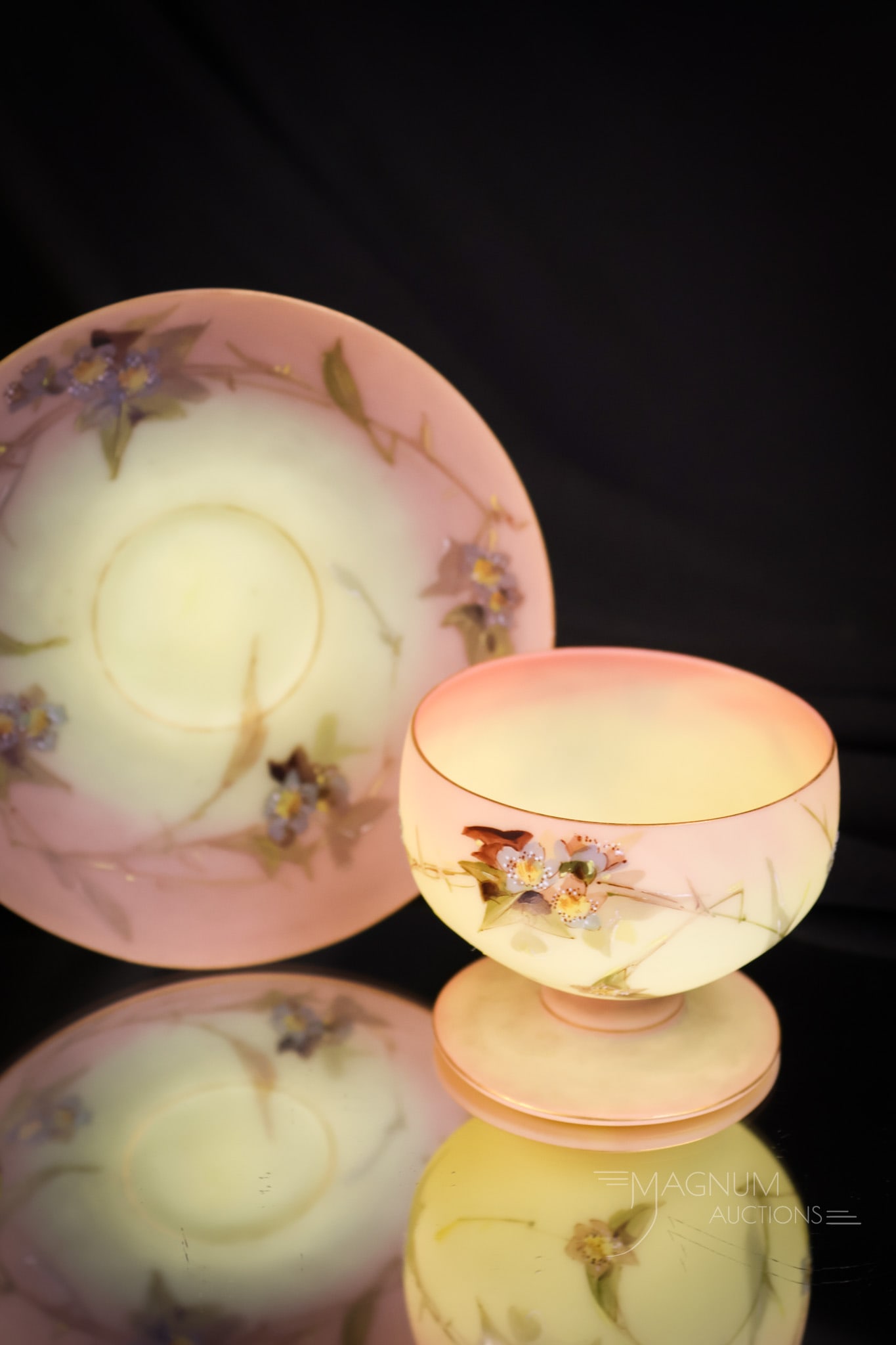 Mt. Washington Victorian Burmese Glass Hawthorne Decorated Nut Cup & Saucer (1 of 7)