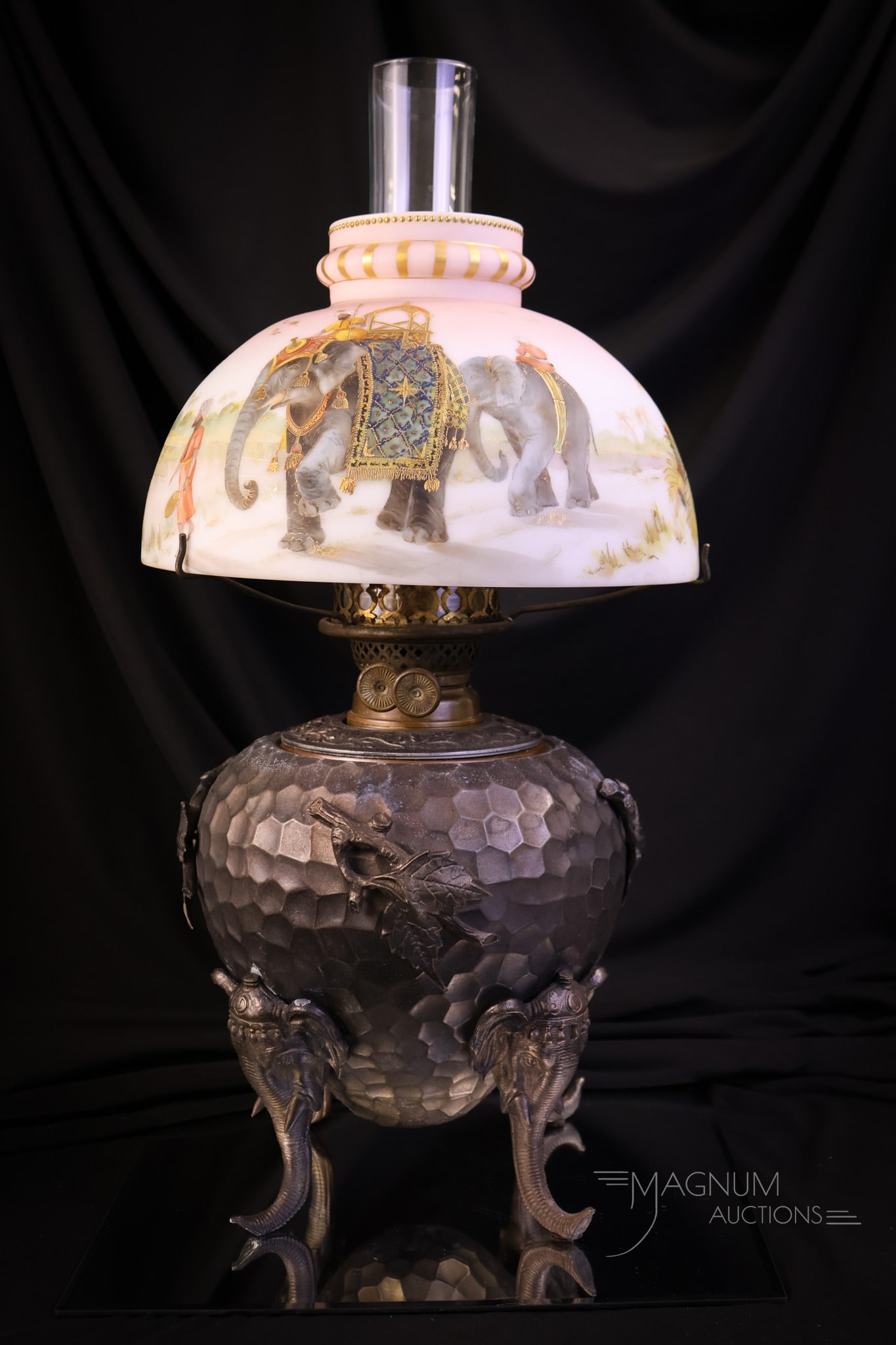 Museum Find Mt. Washington Crown Milano East India Victorian Elephant Oil Lamp Taj Mahal: A museum find in Mt. Washington Victorian Glass. This is a Crown Milano shade decorated with an East India scene of a decorated elephant and men with turbans, and finally, the Taj Mahal in the backgro