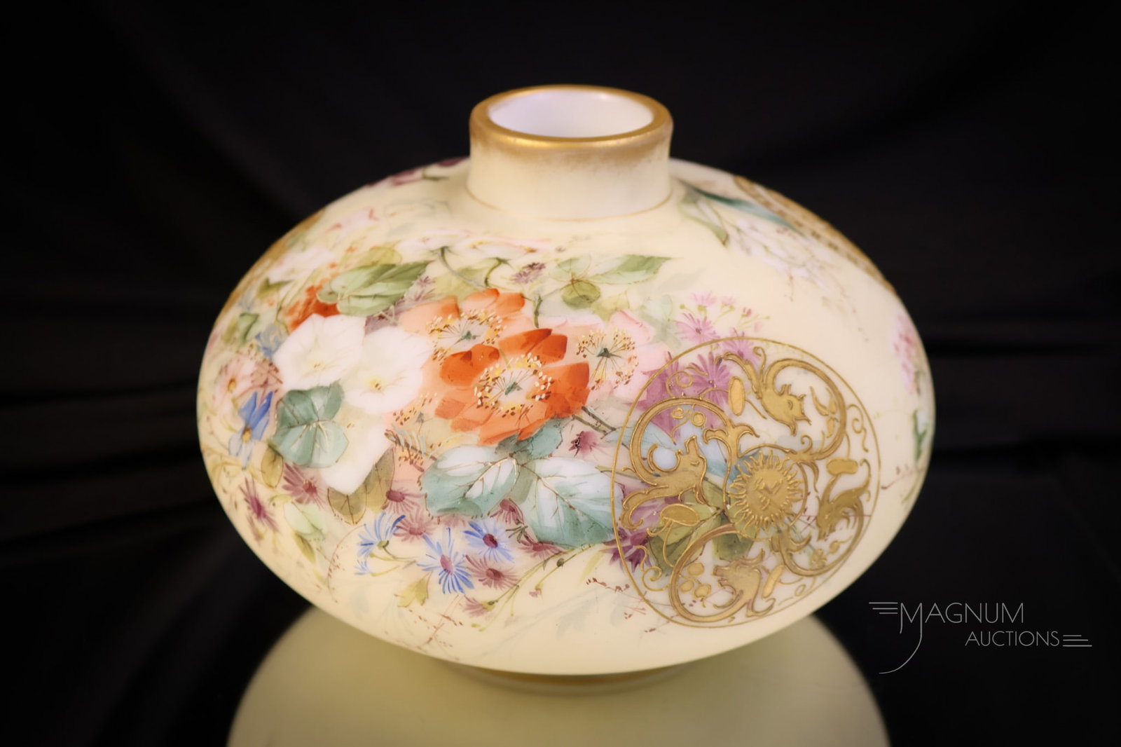 Signed Crown Milano Mt. Washington Decorated Glass Victorian Vase: An amazing find in Mt. Washington, signed Crown Milano. This is a vase decorated with circular medallions and florals around the body. The vase measures 5" tall and 6 1/4" in diameter. SHIPPING NOTICE