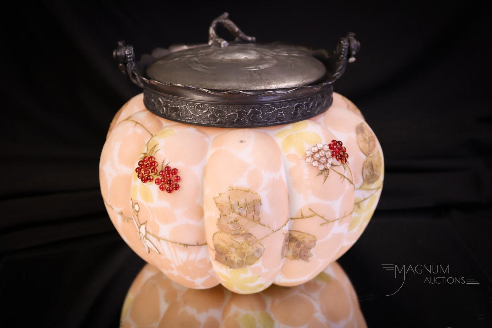 Mt. Washington Signed Crown Milano Victorian Lobed Biscuit Jar: What a beauty this fine piece of art glass is! This is a Mt. Washington signed Crown Milano art glass Victorian biscuit jar. This piece has a lobed body with a peach decoration, gold flowers, and red 