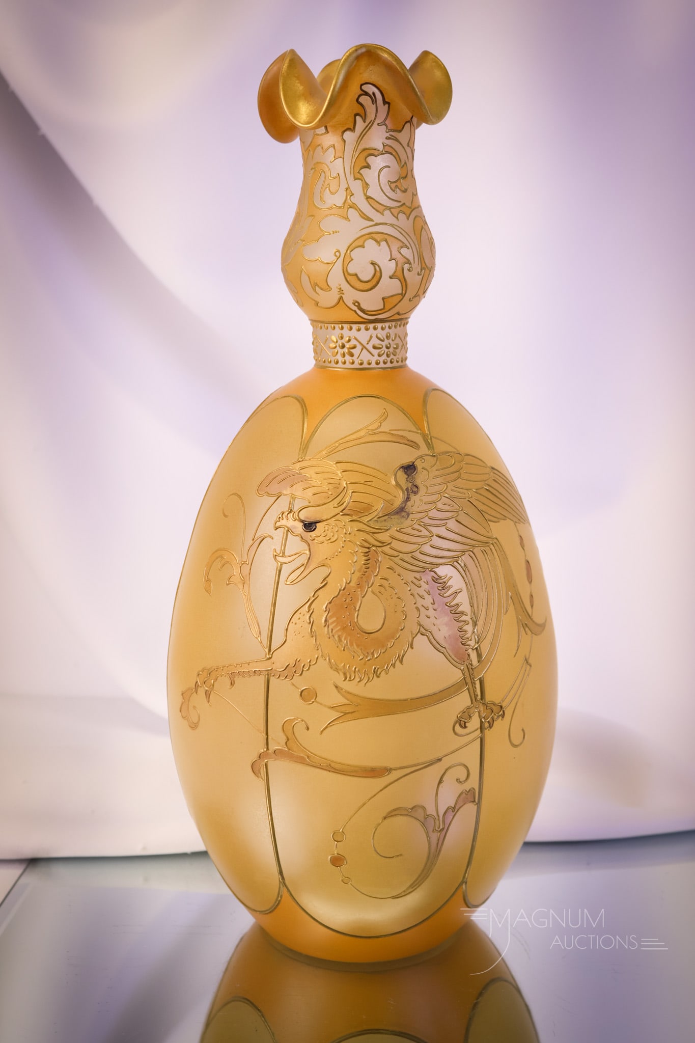 Victorian 14" Mt. Washington Royal Flemish Art Glass Vase w/ Dragon: Another super find in our auction of rare Mt. Washington glass. This is a 14" tall Royal Flemish line vase. The vase is decorated with segmented ovoid panels and has a large dragon on it. The piece is