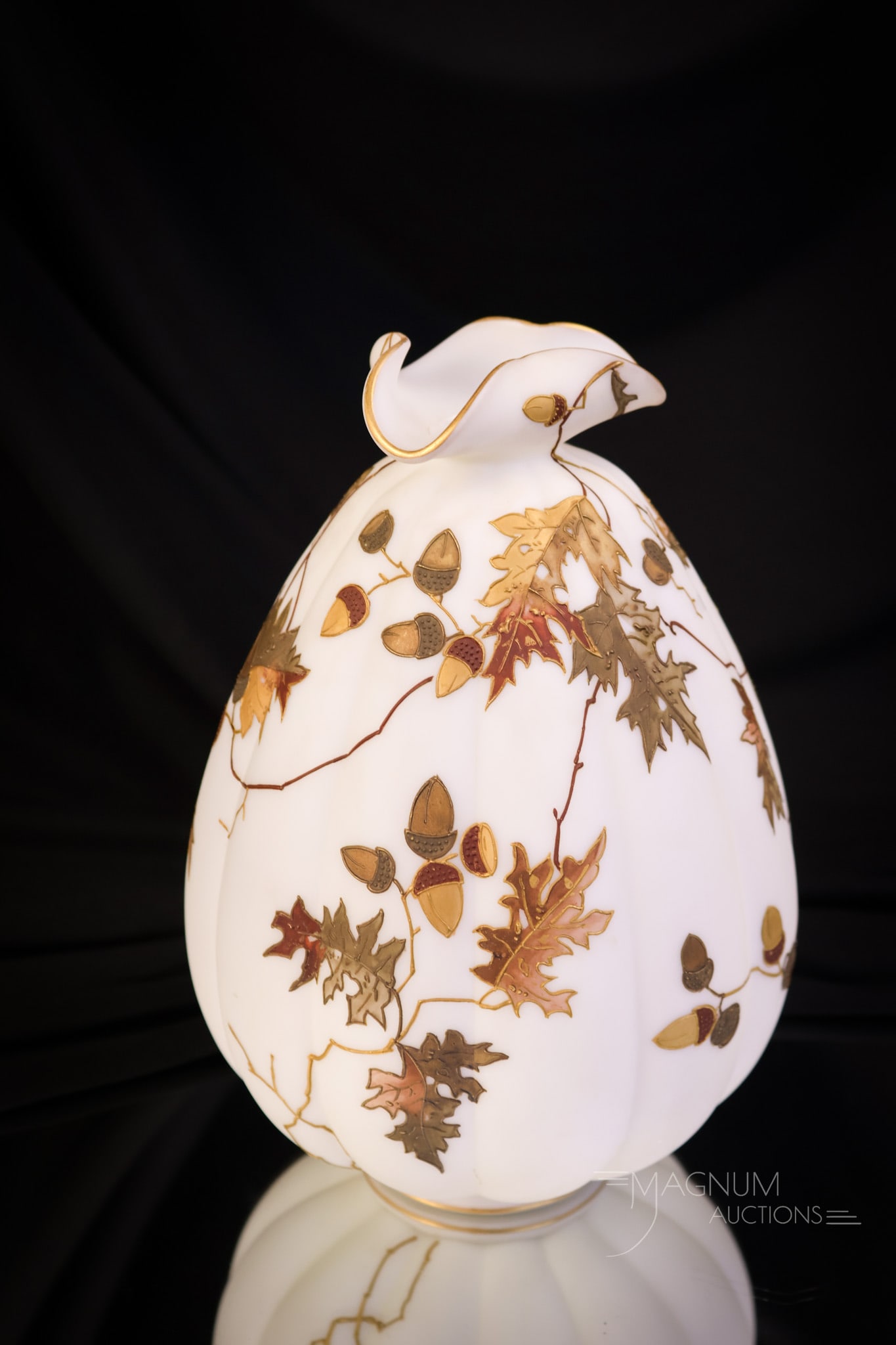 Mt. Washington Signed Crown Milano Victorian Art Glass Biscuit Jar: A beautiful find in a Mt. Washington Victorian, a signed Crown Milano art glass biscuit jar. This one retains the original "Crown Milano" label. The jar is decorated with oak leaves and acorns and fea