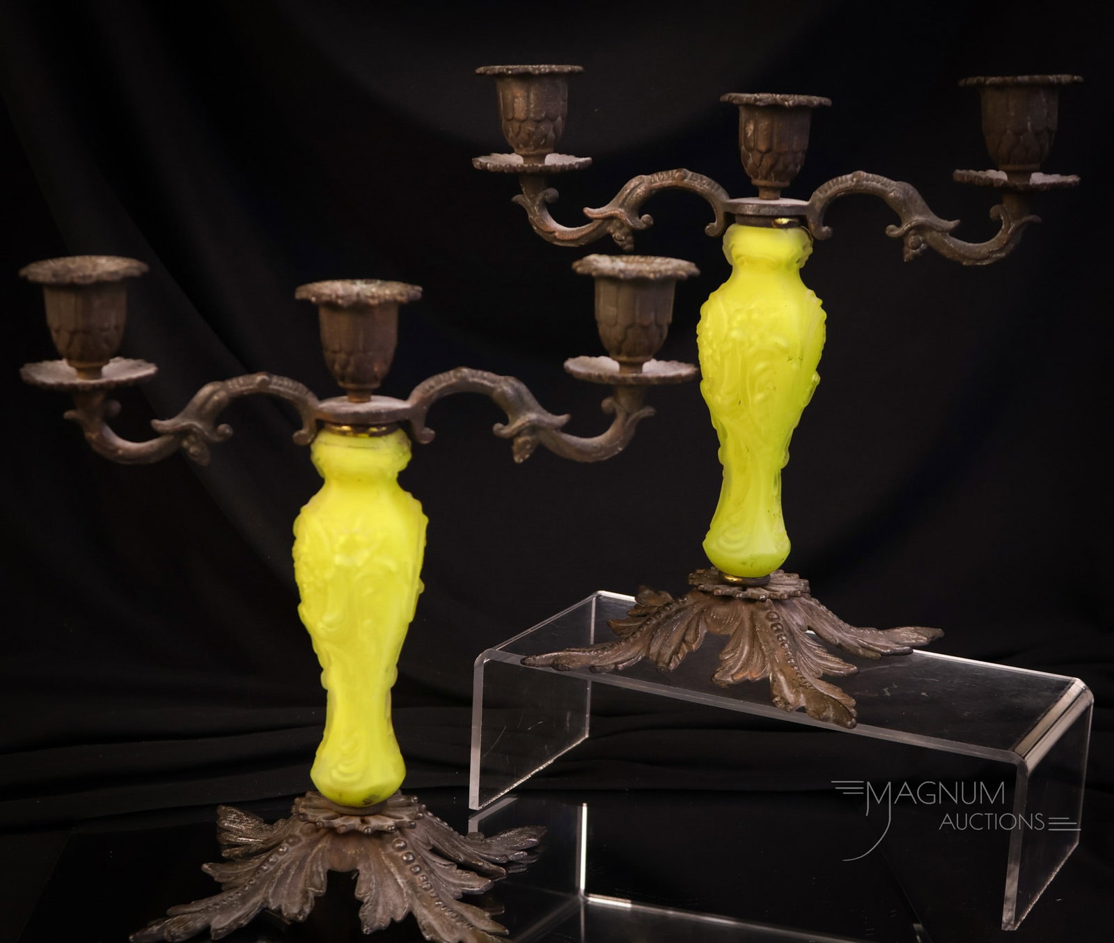 Rare Pair Consolidated Glass Yellow Cased Satin Glass Candleabras (1 of 7)