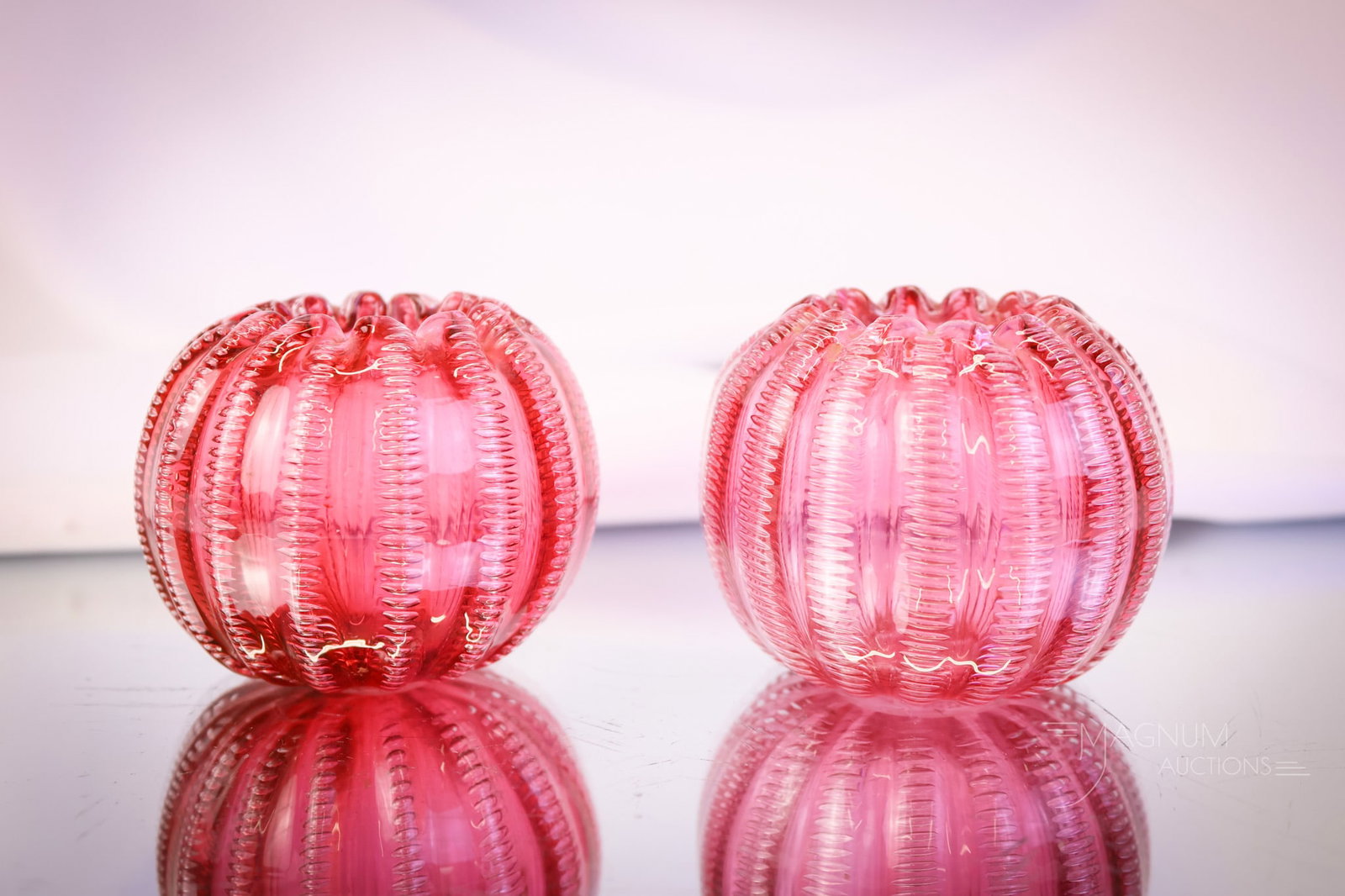 Pair of 2" Victorian Cranberry Stevens & Williams glass "Jewel" Miniature Rose Bowls (1 of 6)