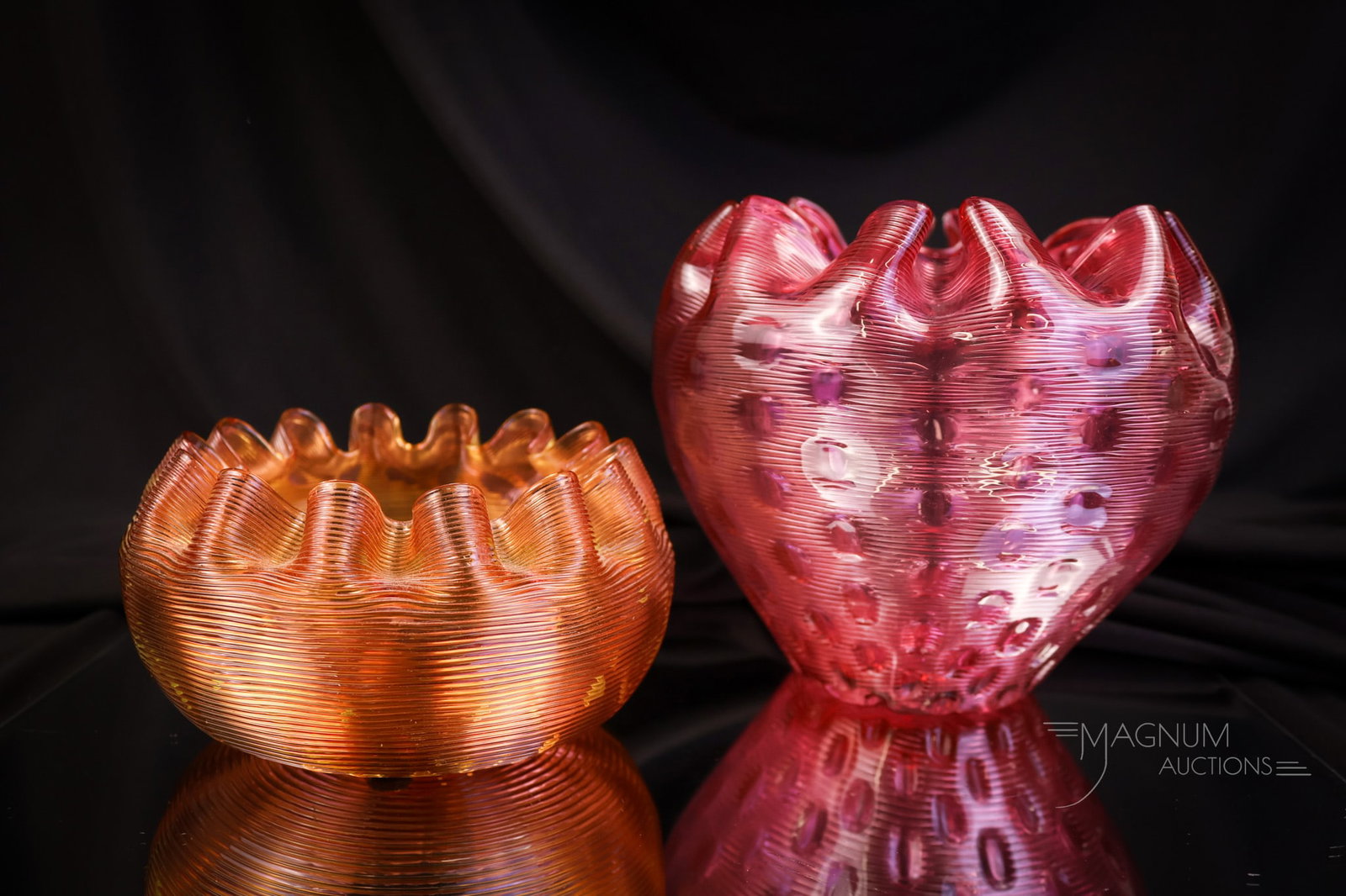 2 pc Lot Stevens & Williams Victorian Glass "Jewel" Rose Bowls: Two selections in rose bowls that are sure to please. This lot offers a larger cranberry example and a smaller example in a bittersweet coloring. The tallest is 4 1/2". SHIPPING NOTICE: If you choose 