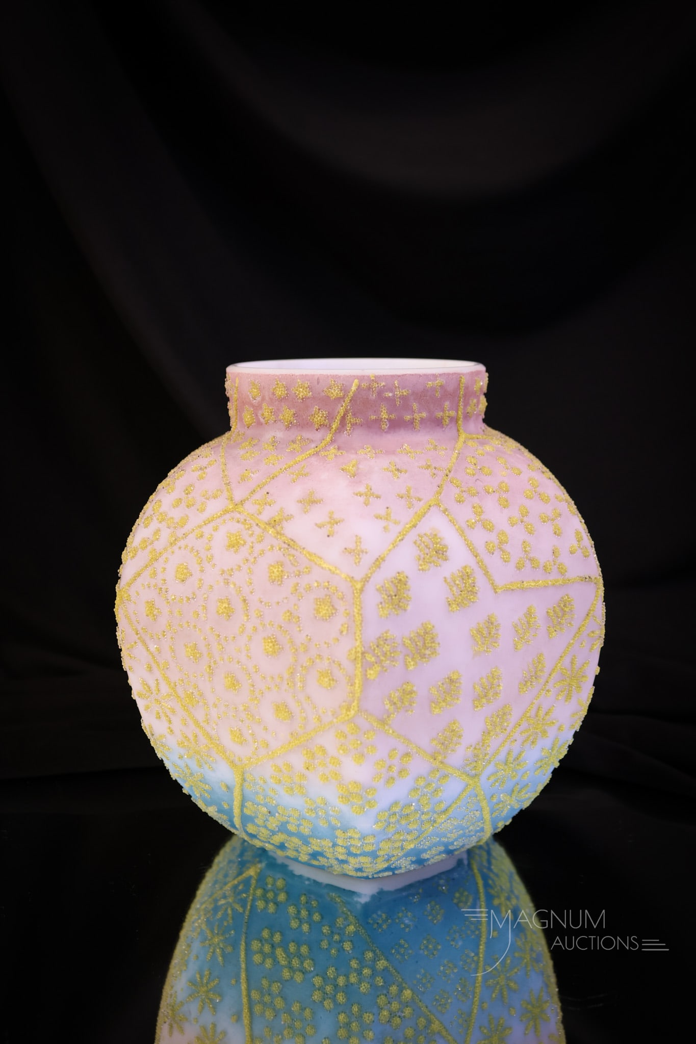 Victorian Blue to Pink Coralene Satin Glass Vase: An intricately decorated Victorian satin glass vase with all-over yellow coralene decoration. The Vase measures 5 1/2" tall and 5 1/2" wide. SHIPPING NOTICE: If you choose not to utilize the LiveAucti