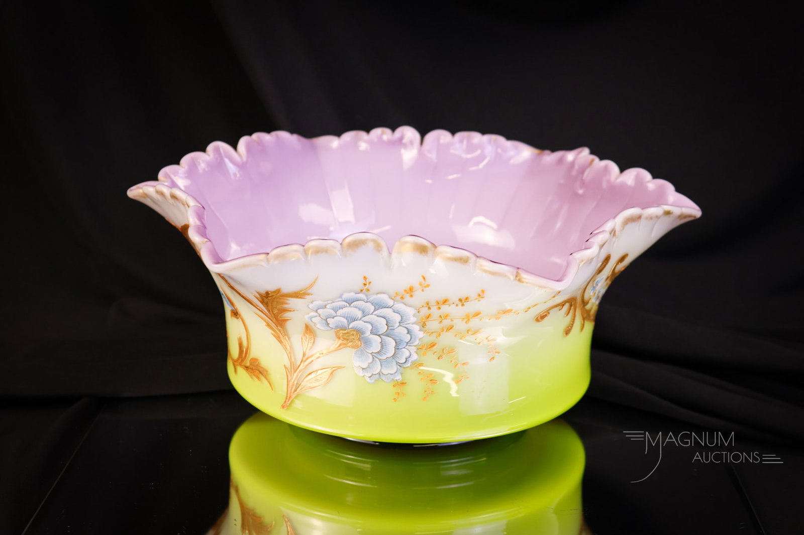Victorian Lime Green Purple Enameled Gilt Glass Brides Bowl: A gorgeous find in a Victorian bride's bowl. This piece has coloring from lime green to a rich purple. The bowl is enameled and gilt decorated. The bowl measures 4 1/2" tall and 10 3/4" in diameter. T