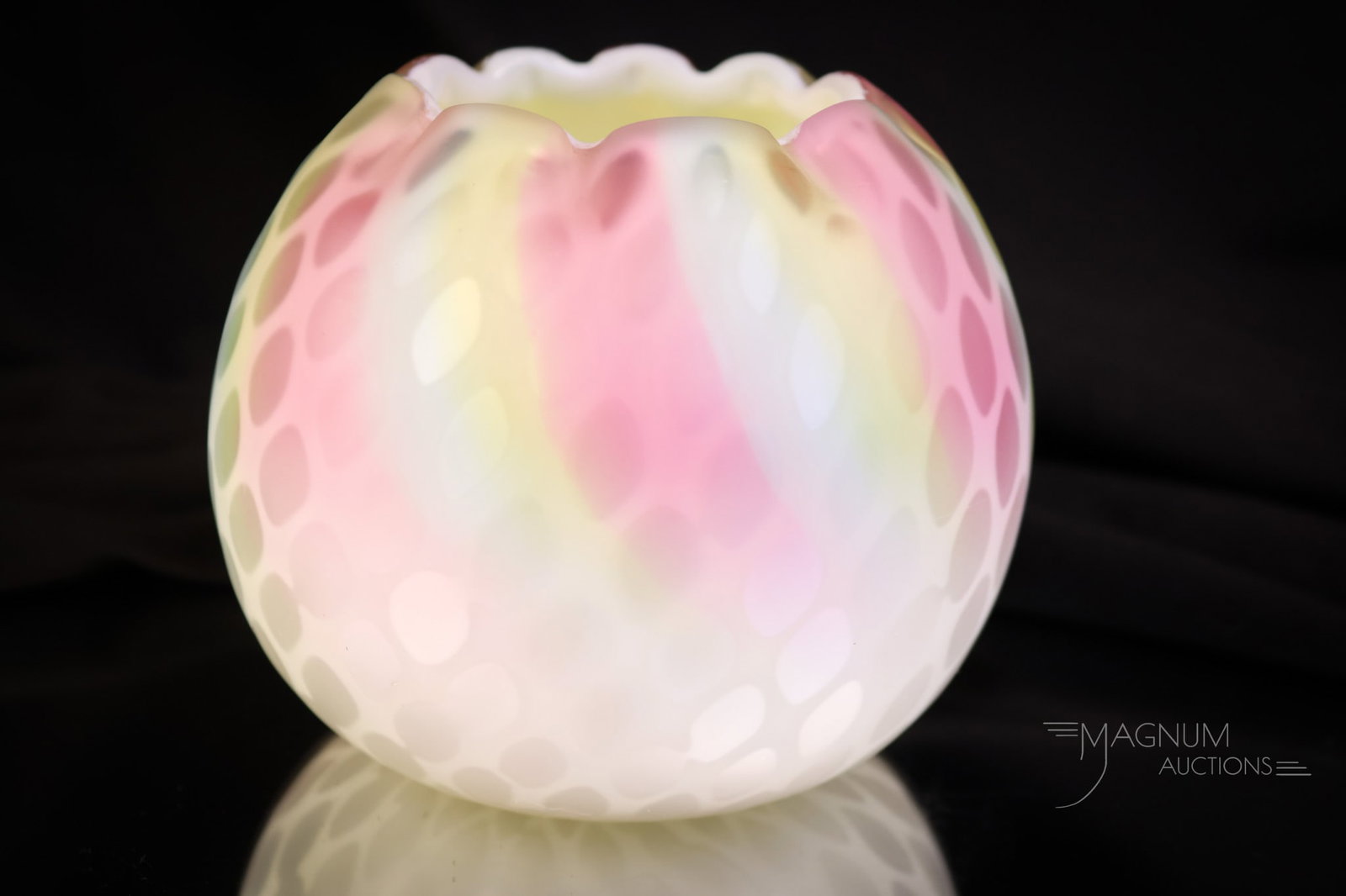 Signed "Patent" Webb Victorian Rainbow Mother of Pearl Satin Glass Rose Bowl: Another super find in rainbow Victorian mother-of-pearl, satin glass. This is a rose bowl in a diamond-quilt pattern. The glass is rich in uranium content and glows brightly under black light. The pie