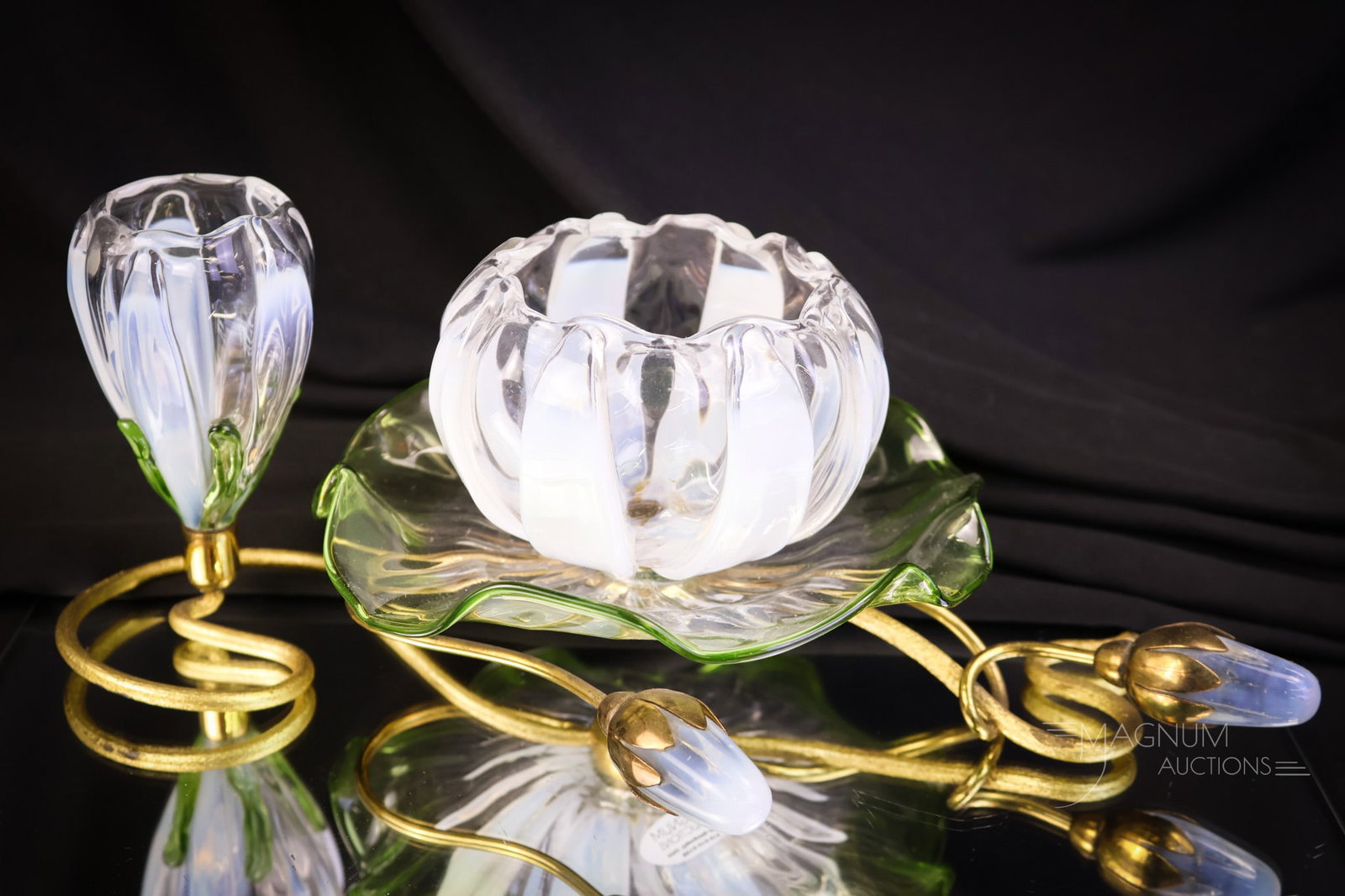 Walsh Opalescent Gilt Water Lily & Pad Art Glass Victorian Rose Bowl Bud Vase: A wonderful find in opalescent Victorian art glass. This is a figural rose bowl and bud vase in the form of a water lily flowers, pads, buds. This piece features opalescent flowers and buds with green