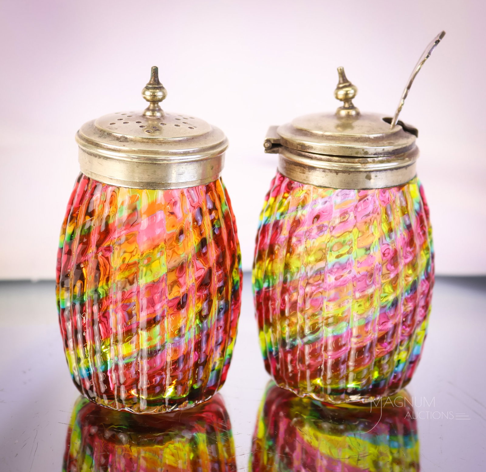 Rare Lot Stevens & Williams Rainbow Ribbon Swirl Victorian Salt Shaker & Mustard Jar (1 of 12)