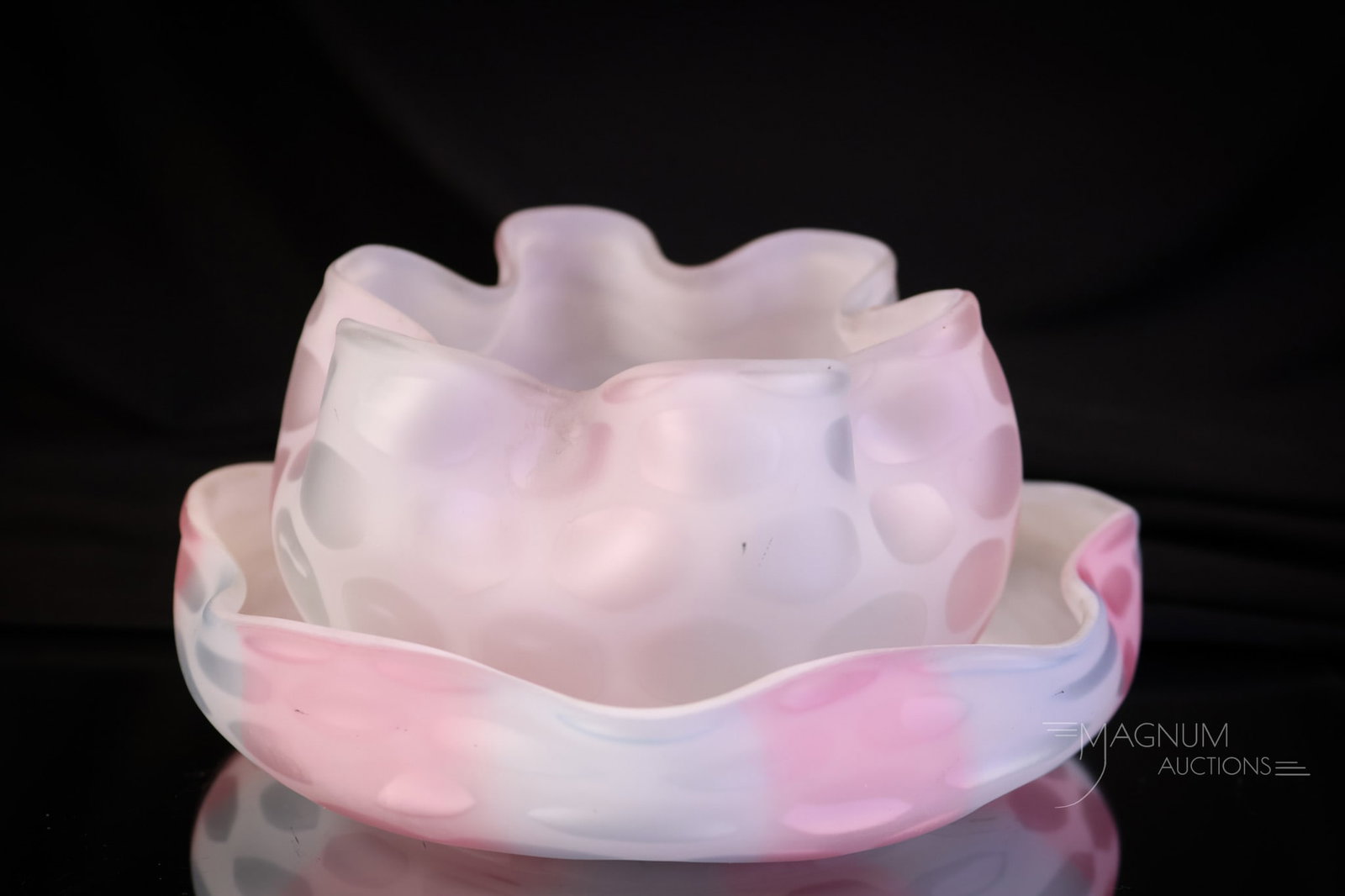 Victorian Rainbow Mother of Pearl Satin Glass Finger Bowl & Underplate: A beautiful and rare Victorian rainbow mother-of-pearl satin glass finger bowl and underplate set. Seldom, if ever do you find this set complete. This bowl and underplate are in pink and blue coloring