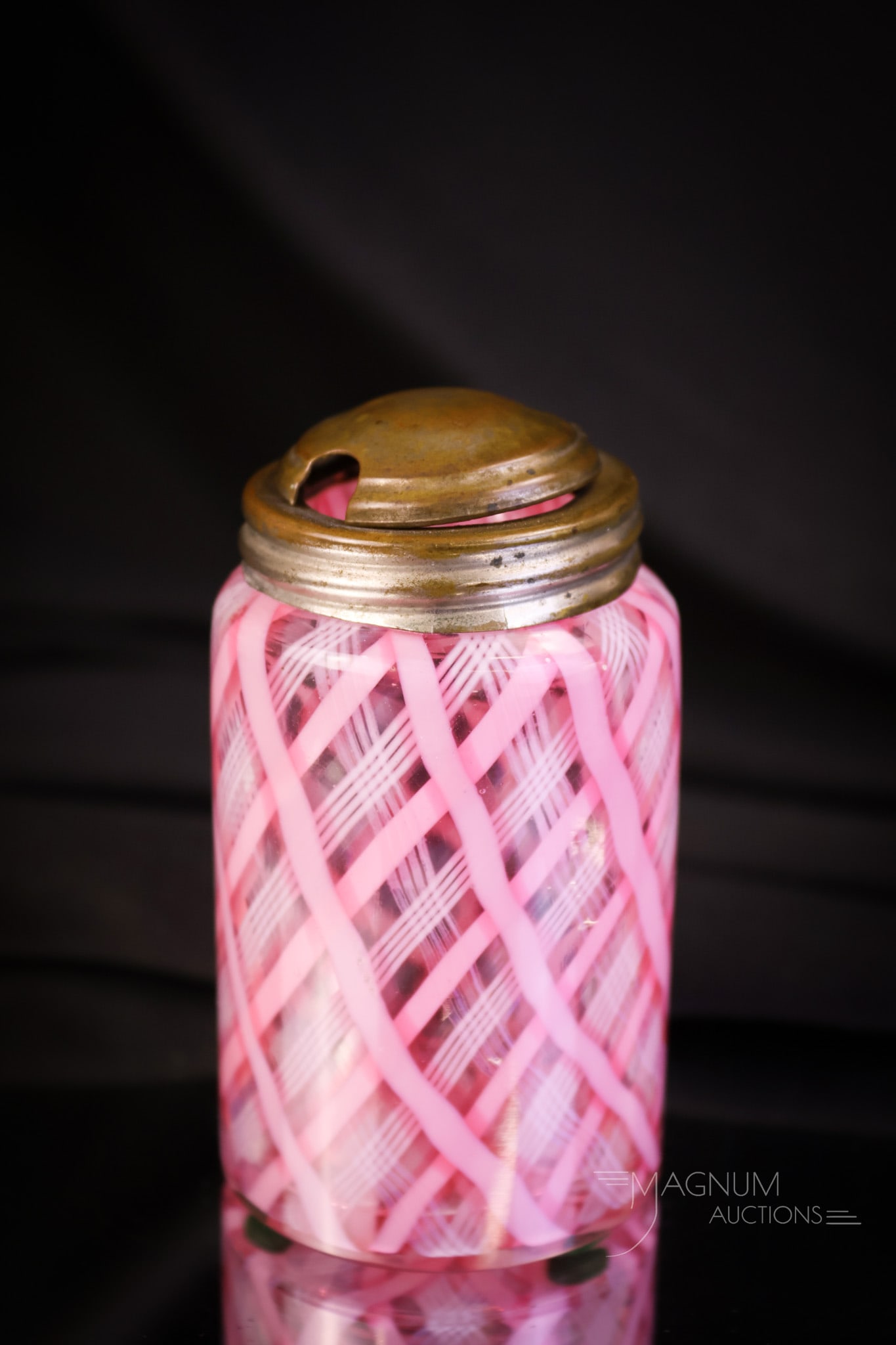 Rare Victorian Tartan Plaid Art Glass Mustard Jar: A rare find in attributed to Stevens & Williams art glass. This is a mustard jar in a pink and white tartan plaid-patterned glass. This mustard measures 3 1/4" tall and 1 3/4" wide. SHIPPING NOTICE: I